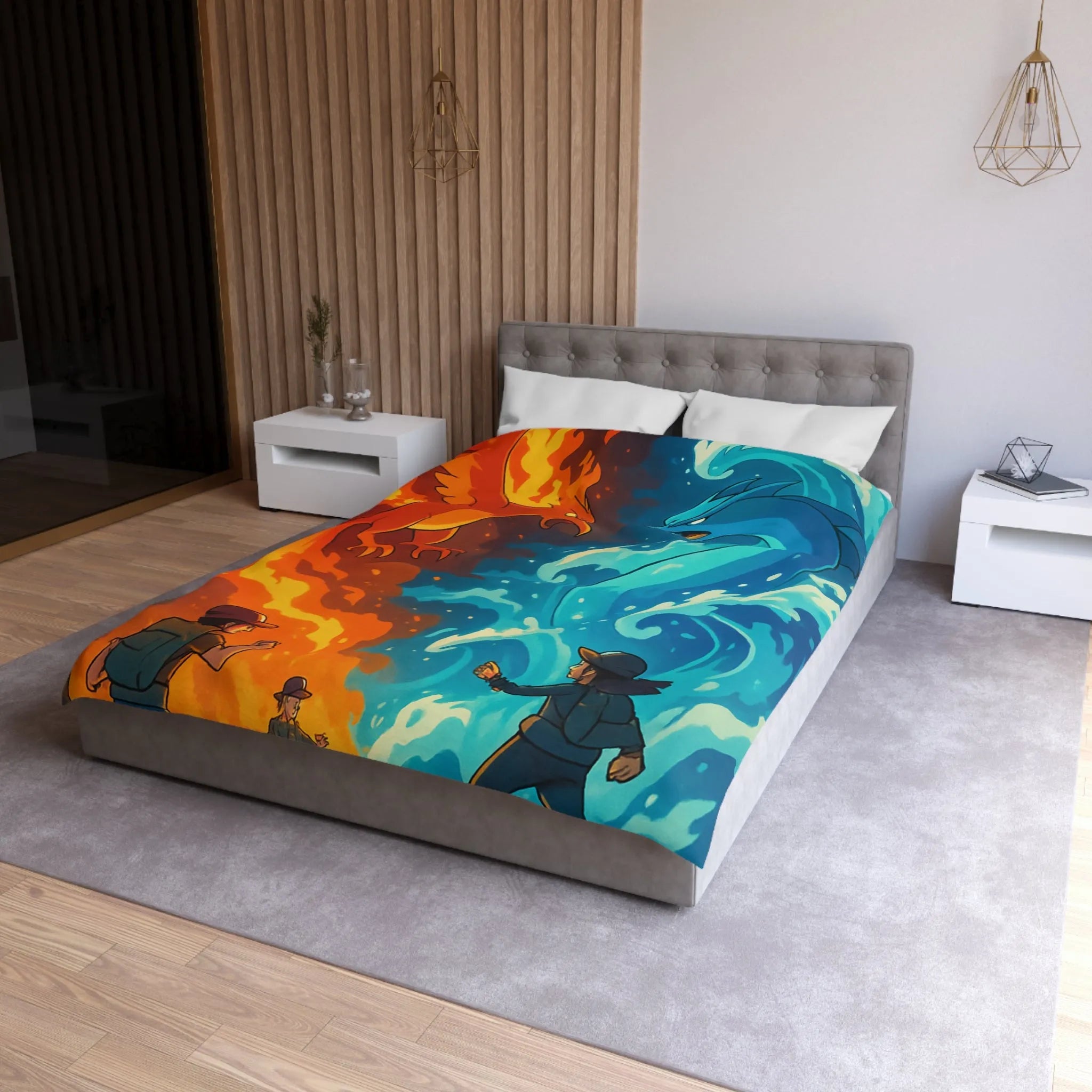 Housse de couette aventure épique avec créatures de feu et glace légendaires en duel