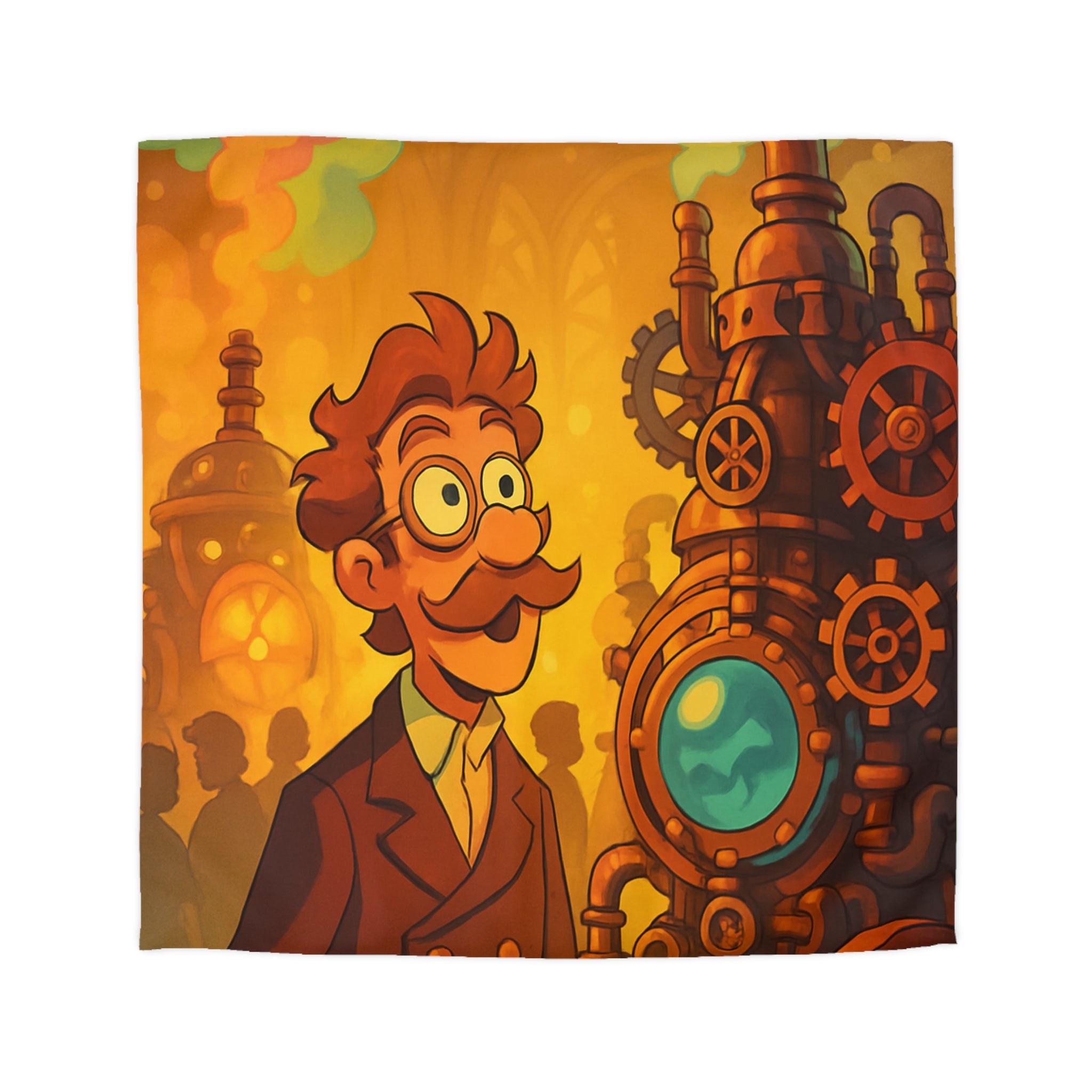 Housse de couette rétro steampunk avec inventeur et machine aux teintes cuivrées vives