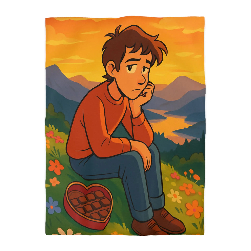 Housse de Couette Illustrée: Paysage Coloré avec Personnage Réfléchi et Coeur en Chocolat