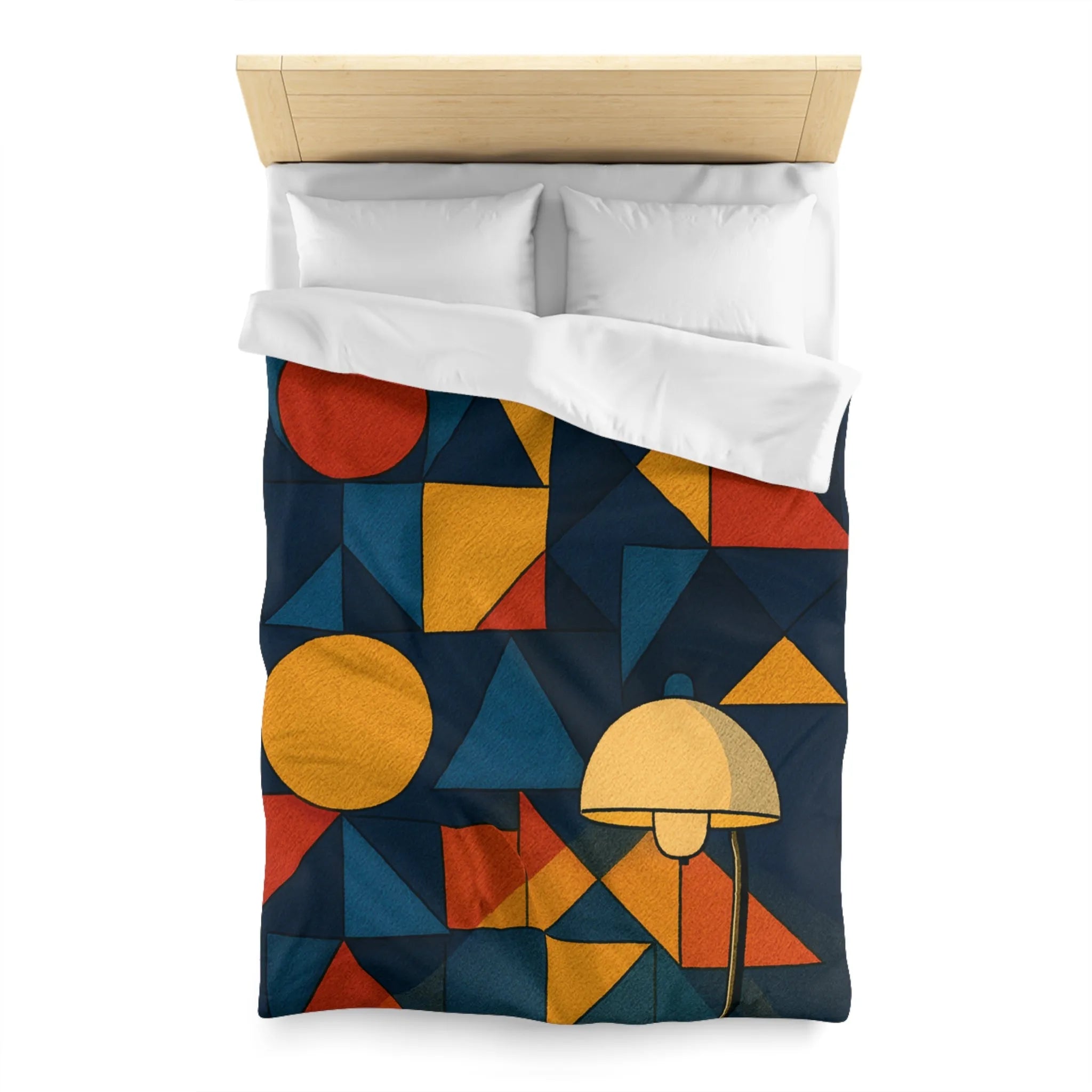 Housse de couette géométrique moderne multicolore avec motifs rétro et ambiance chaleureuse éclairée