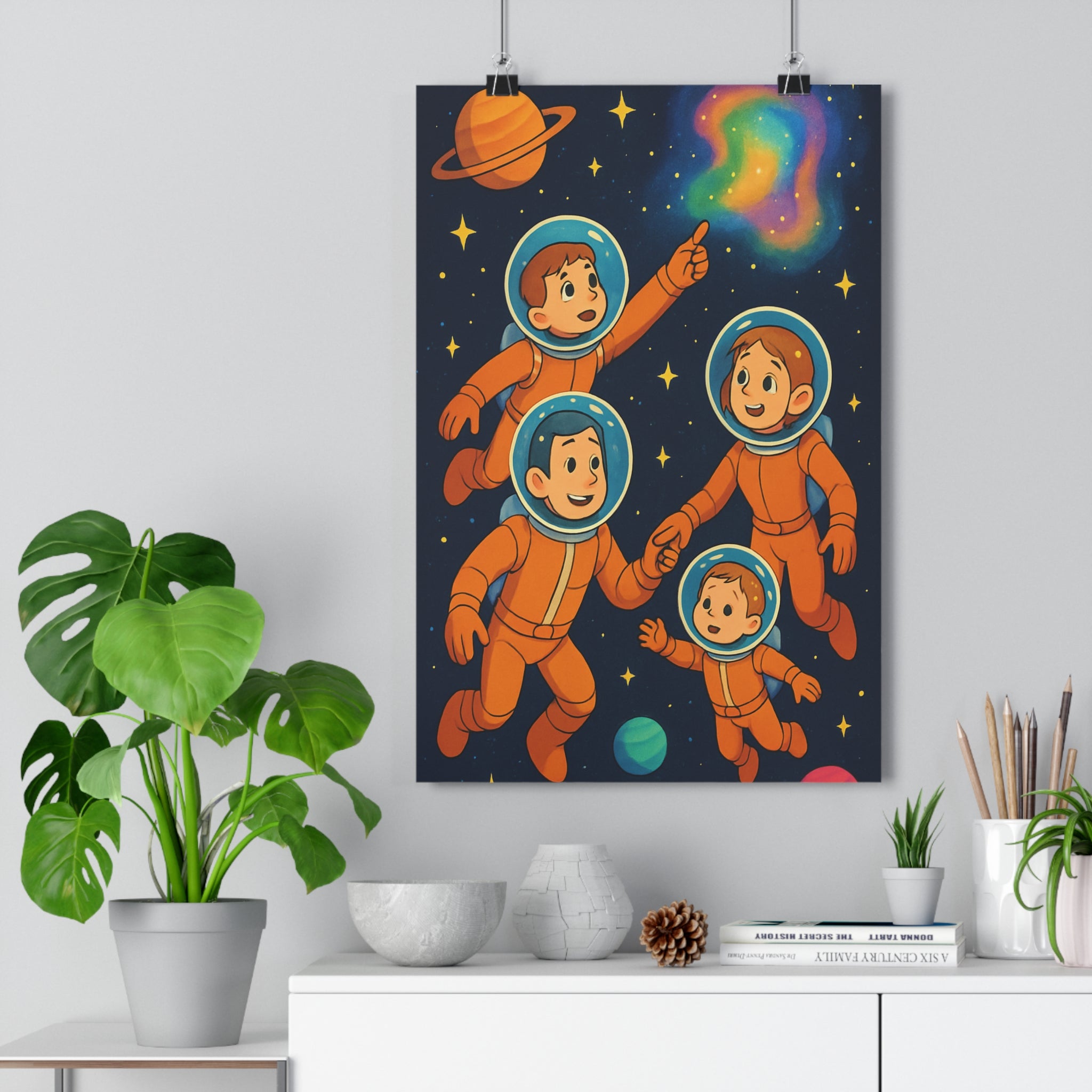 Poster décoratif astronaute enfant coloré joyeux espace univers étoiles aventure chambre futuriste exploration qualité