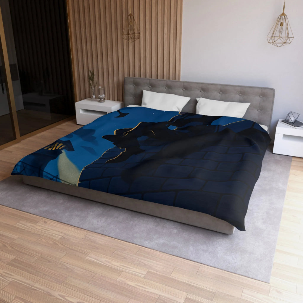 Housse de couette avec artiste en fuite sous ciel étoilé, ambiance nocturne captivante