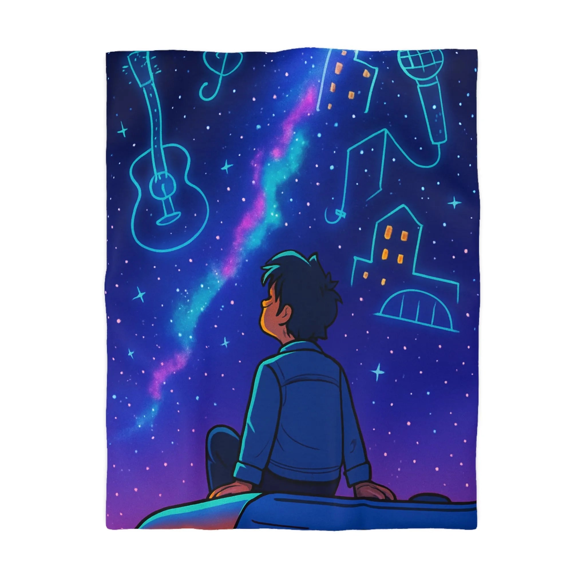 Housse de couette ciel étoilé avec rêveur contemplant silhouettes de musique et ville