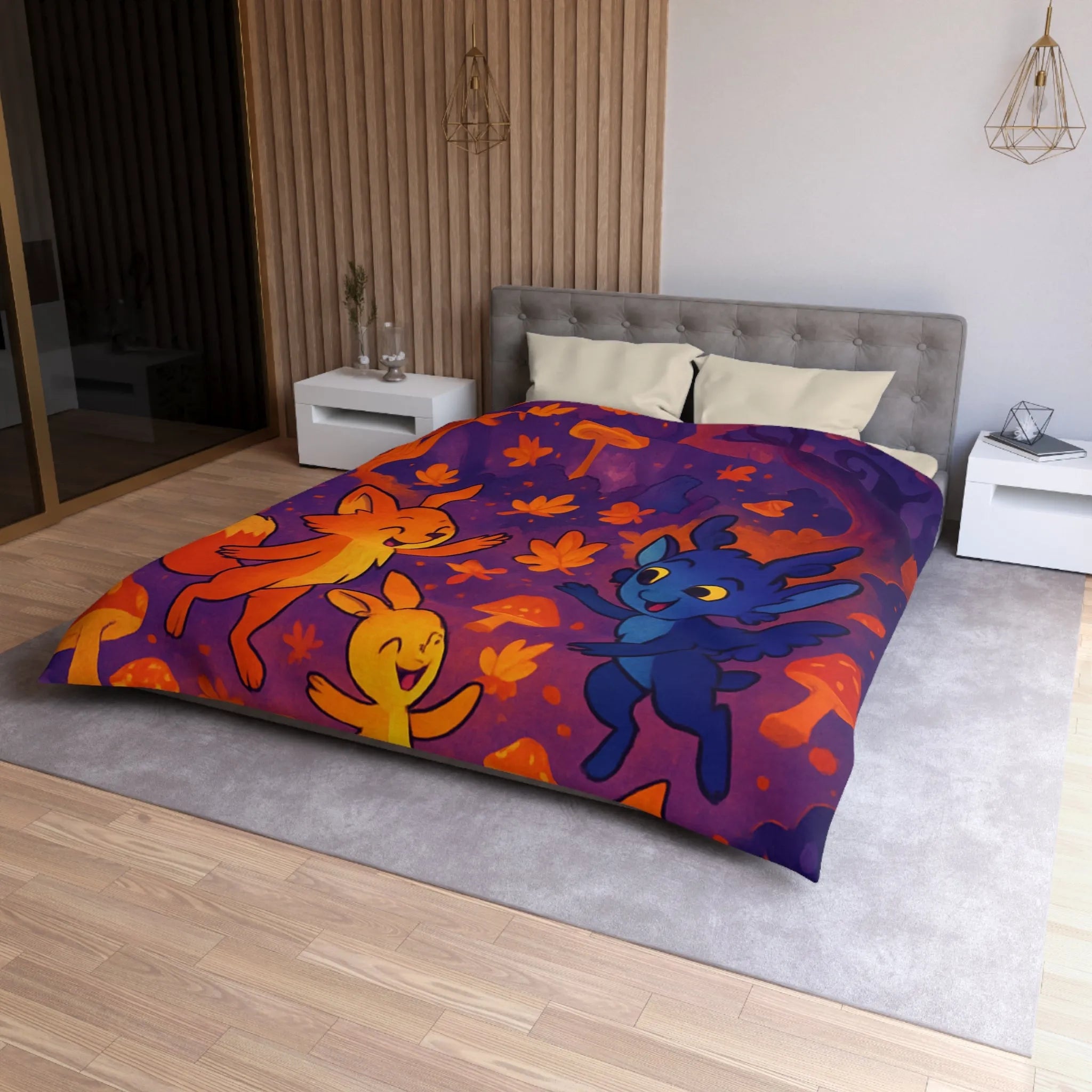 Housse de couette foret enchantée avec animaux fantastiques et ambiance féerique en couleurs vives