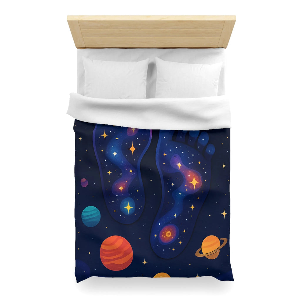 Housse de Couette Cosmos Enchanté avec Motifs de Pieds Galactiques Étincelants et Planètes