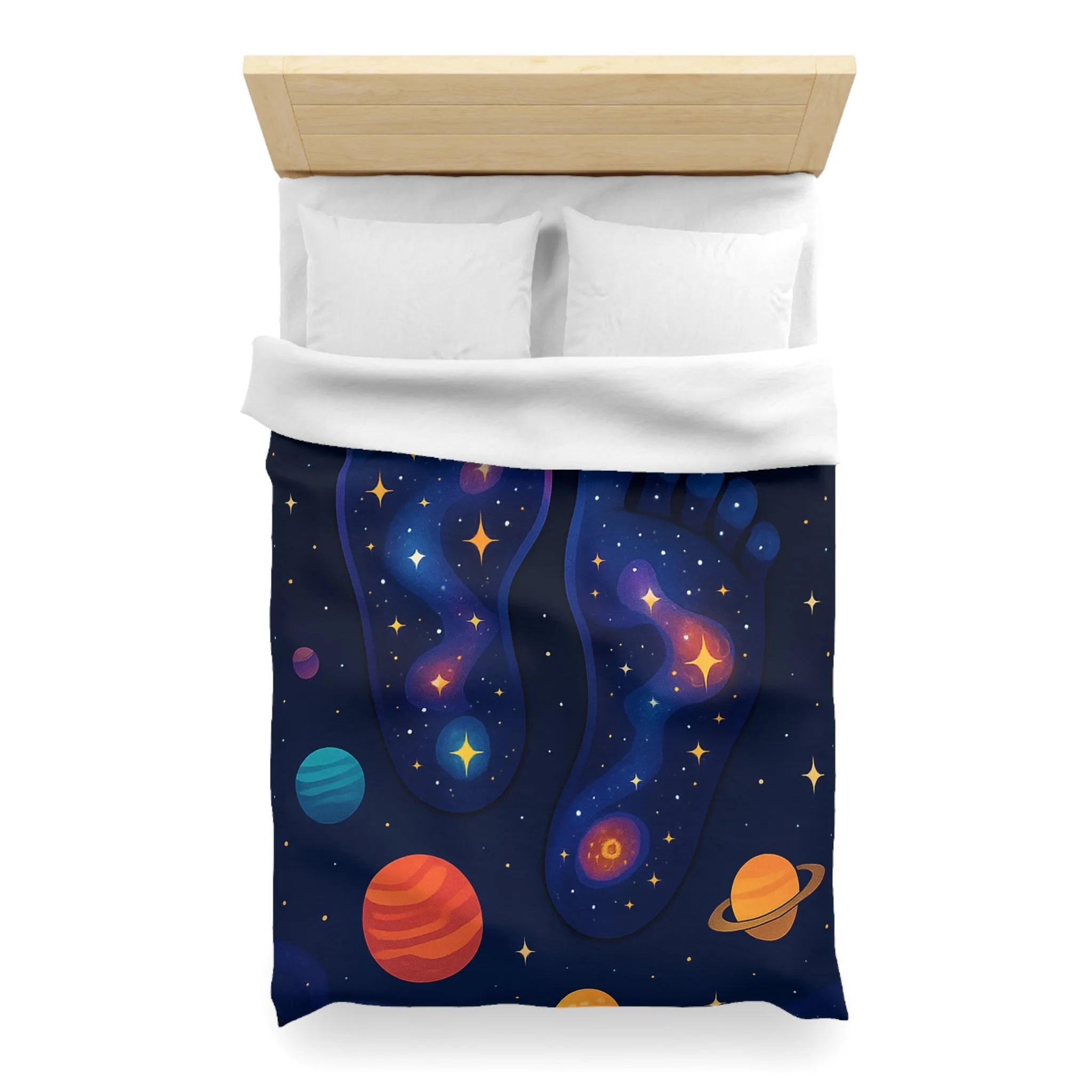 Housse de Couette Cosmos Enchanté avec Motifs de Pieds Galactiques Étincelants et Planètes