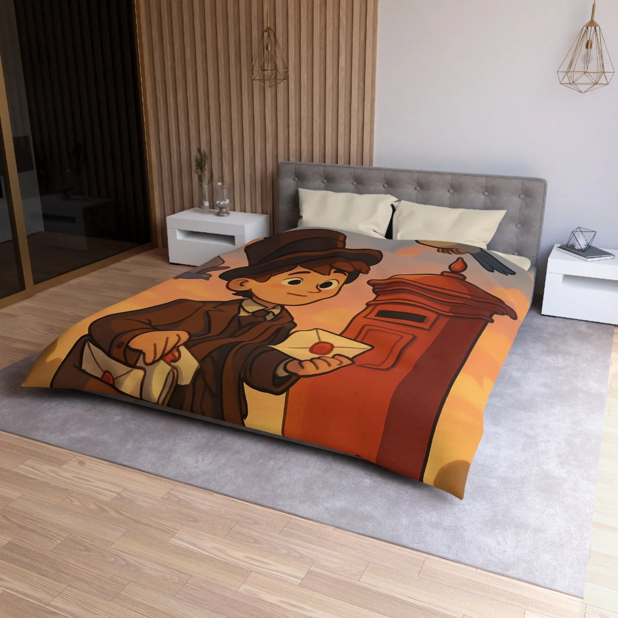 Housse de couette illustrée avec poste vintage et pigeons dans ciel au coucher du soleil