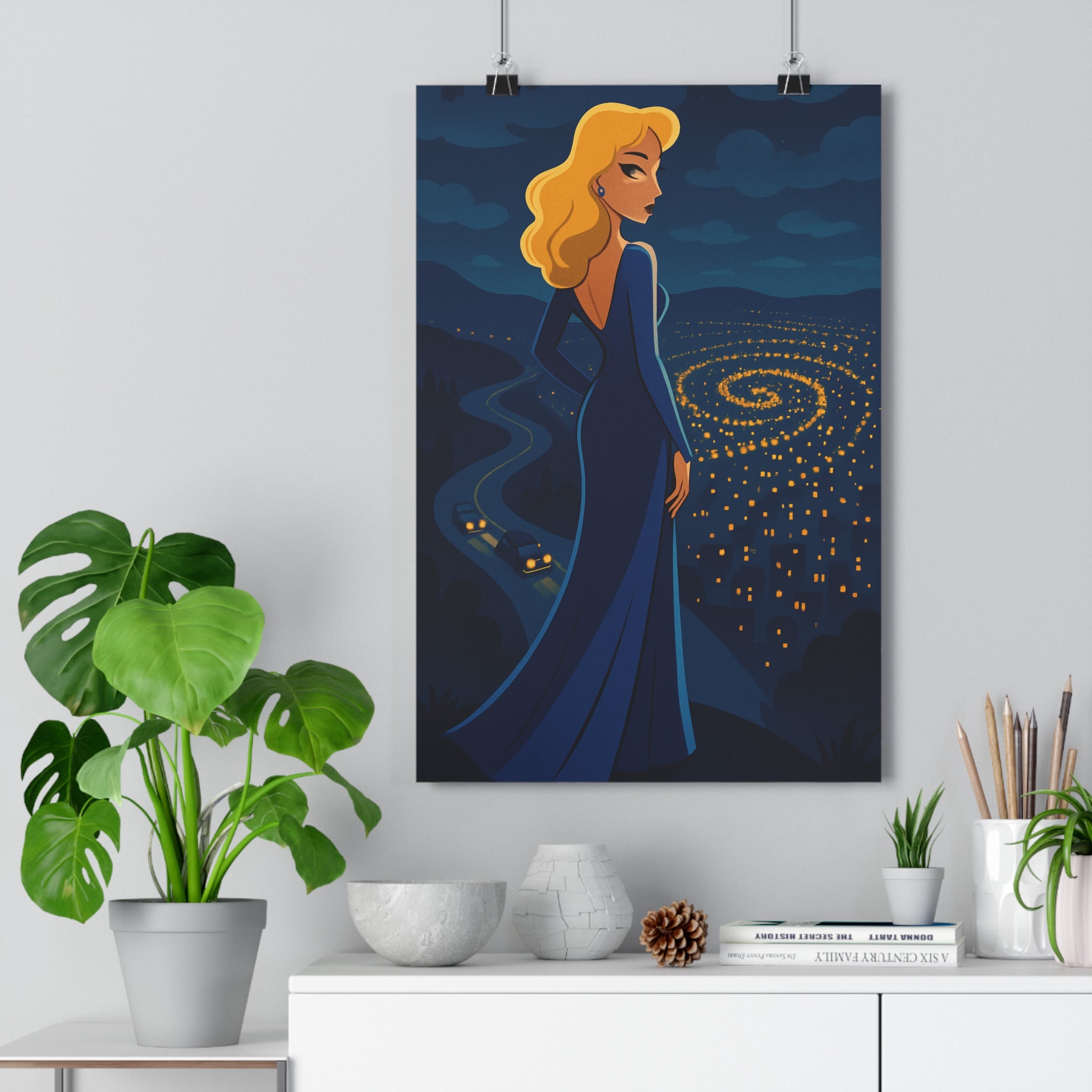 Poster décoratif dessin animé bleu doré mystérieux élégant salon intérieur artistique femme robe qualité