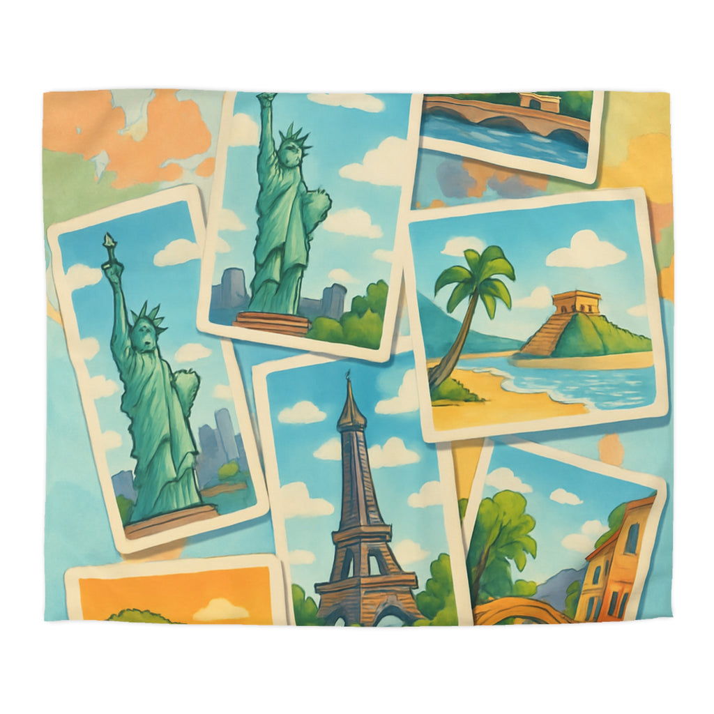 Voyage Mondial Coloré: Housse de Couette avec Monuments et Paysages Iconiques des Continents