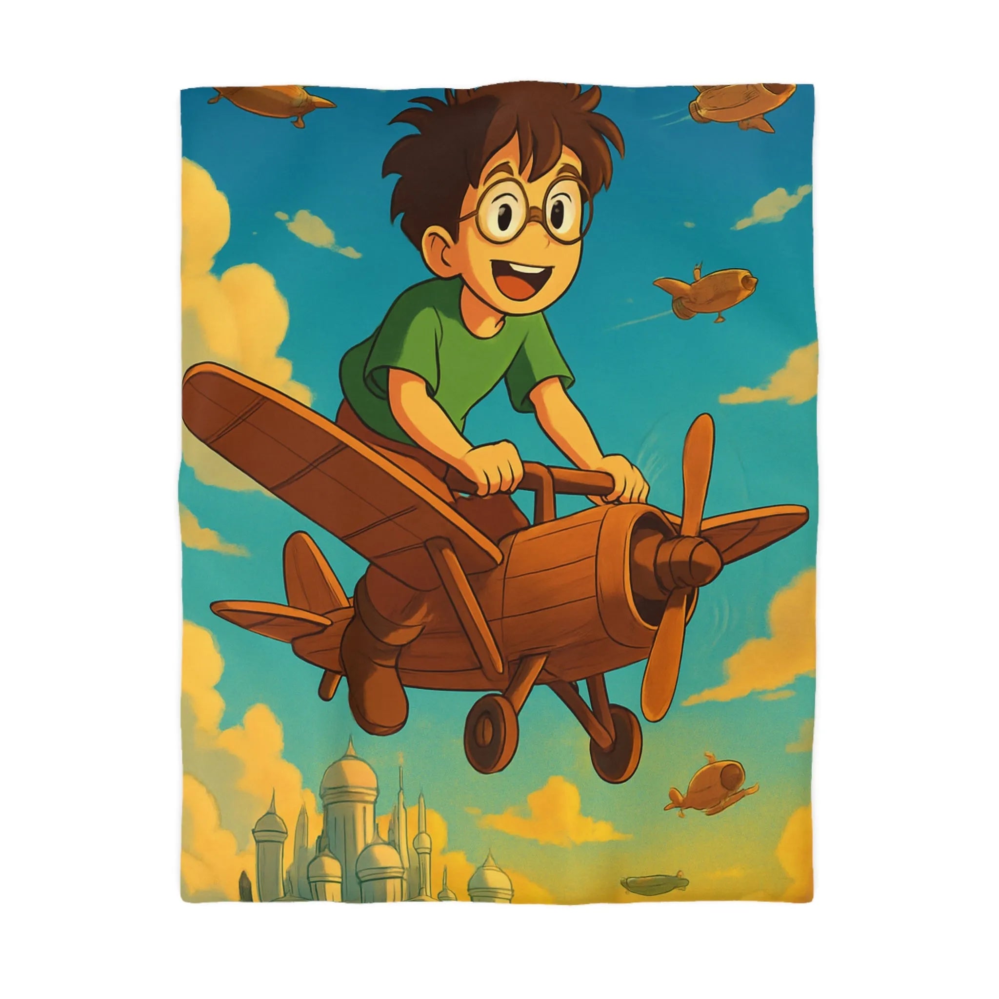 Aventure enfantine avec avion en bois survolant palais nuageux au coucher du soleil