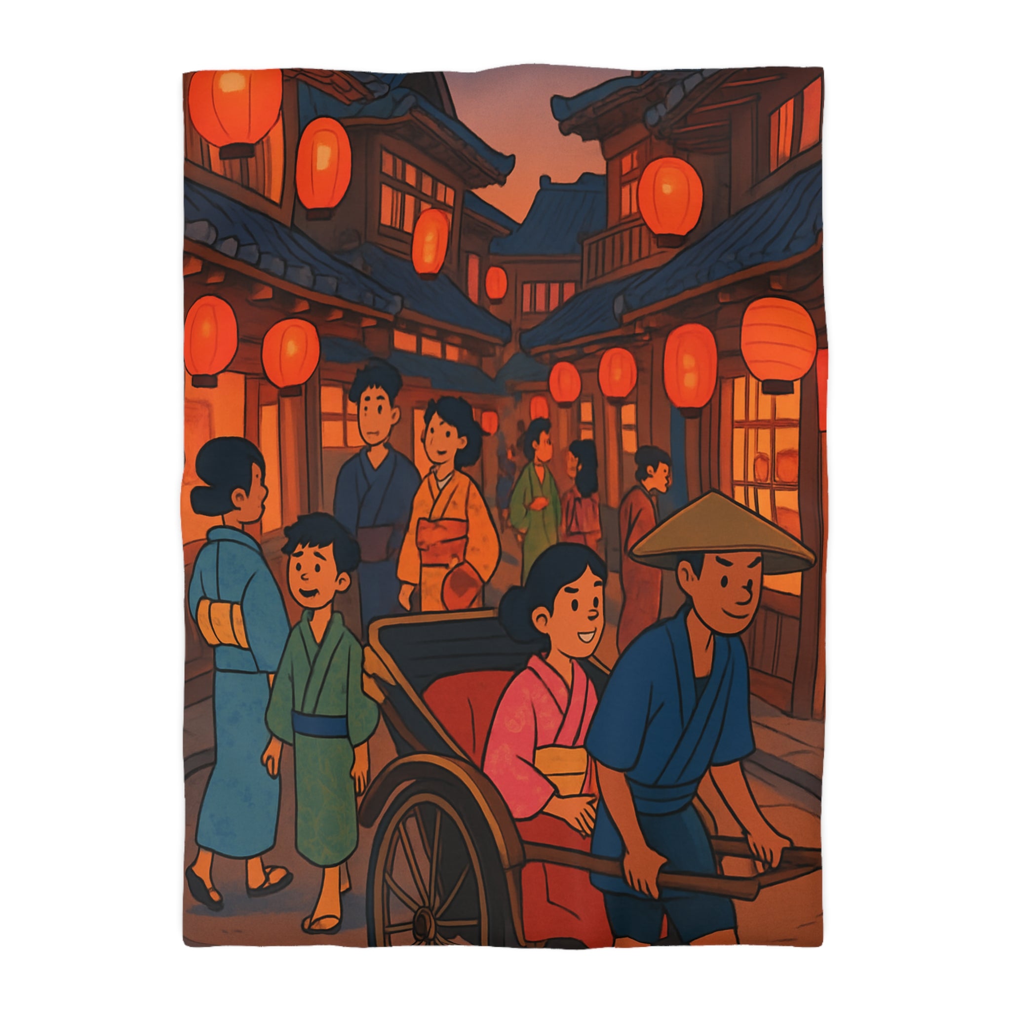 Housse de couette nocturne rouge et jaune avec lanterne et scène japonaise animée