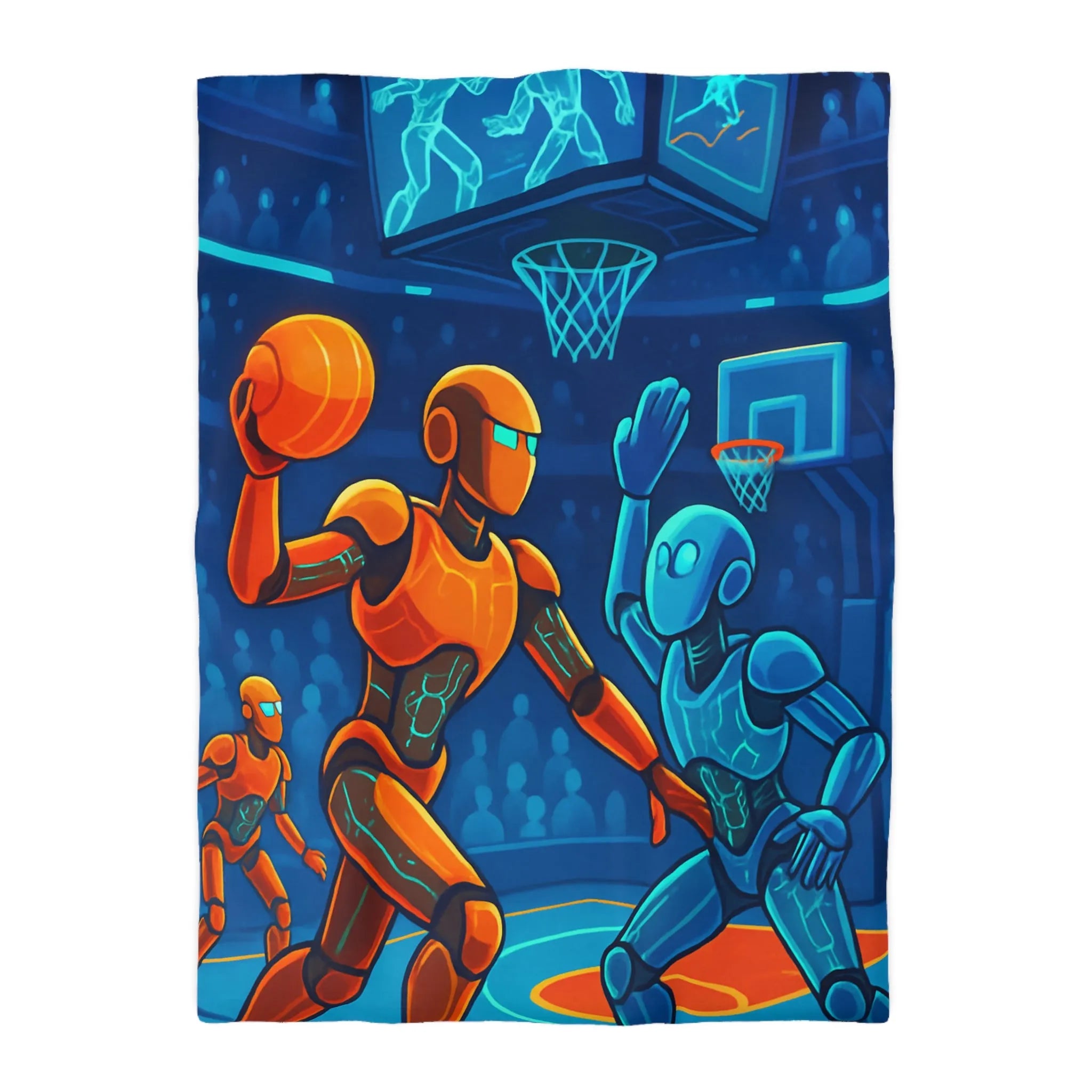 Housse de couette avec motif futuriste de robots jouant au basket sous lumière néon