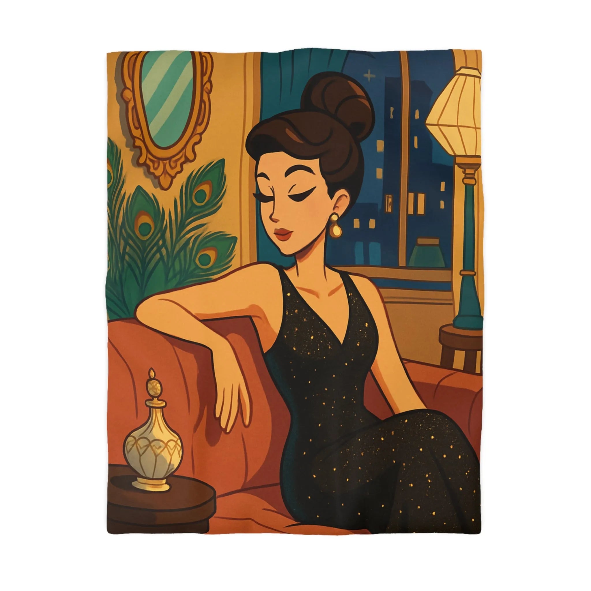 Élégante Femme Vintage Élégamment Assise sur Canapé dans Appartement Luxueux Années 50