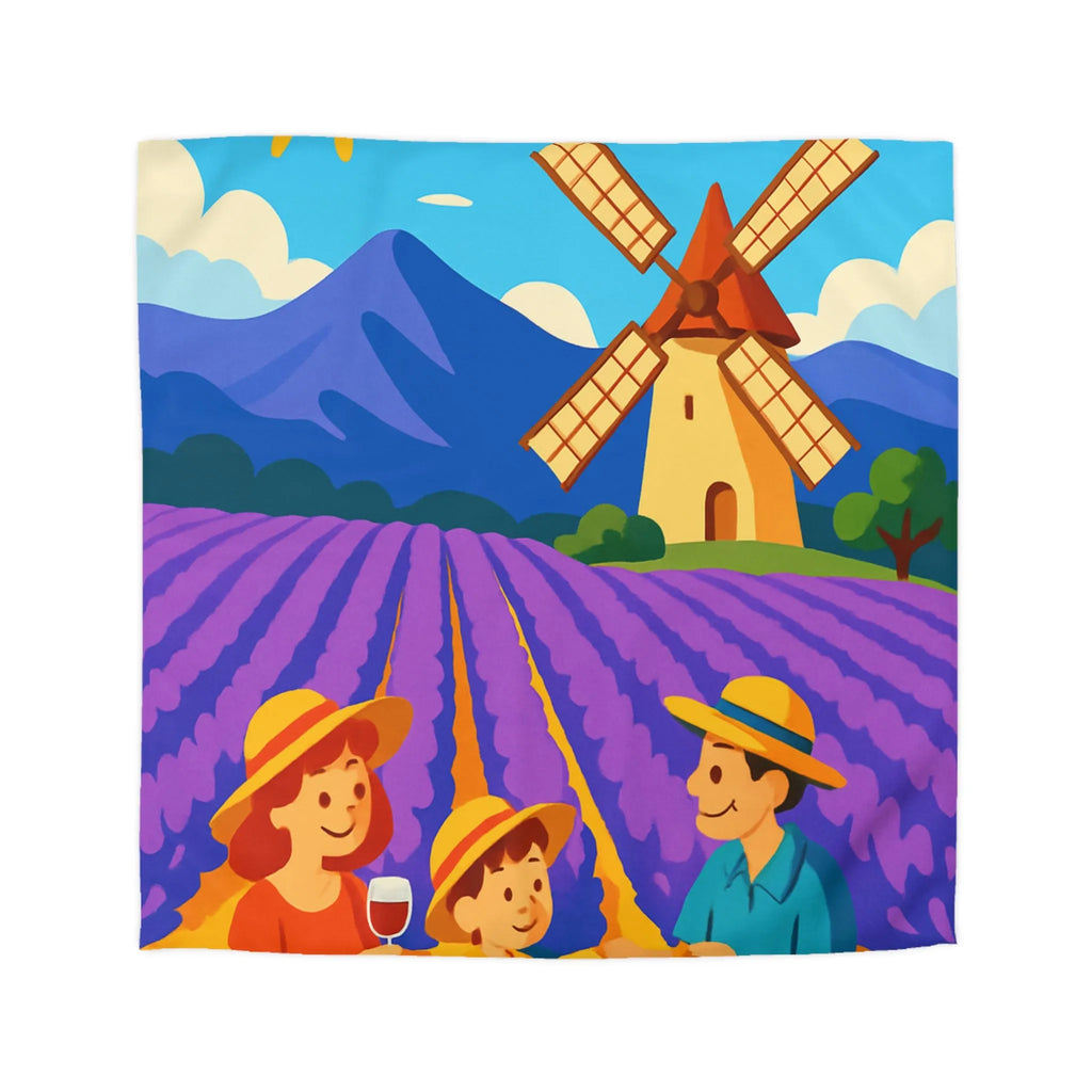 Housse de Couette Illustrée Scène de Pique-Nique en Provence avec Moulin à Vent