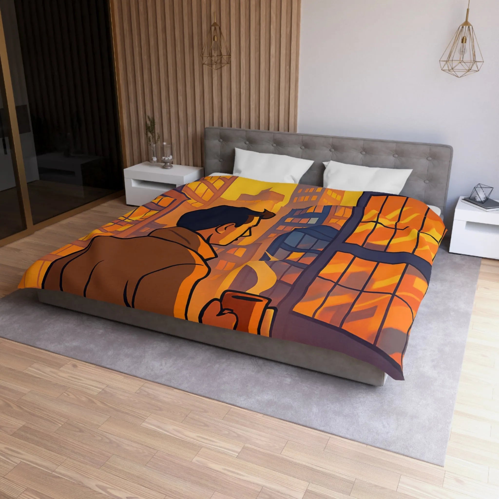 Housse de couette avec illustration urbaine au coucher de soleil et silhouette masculine
