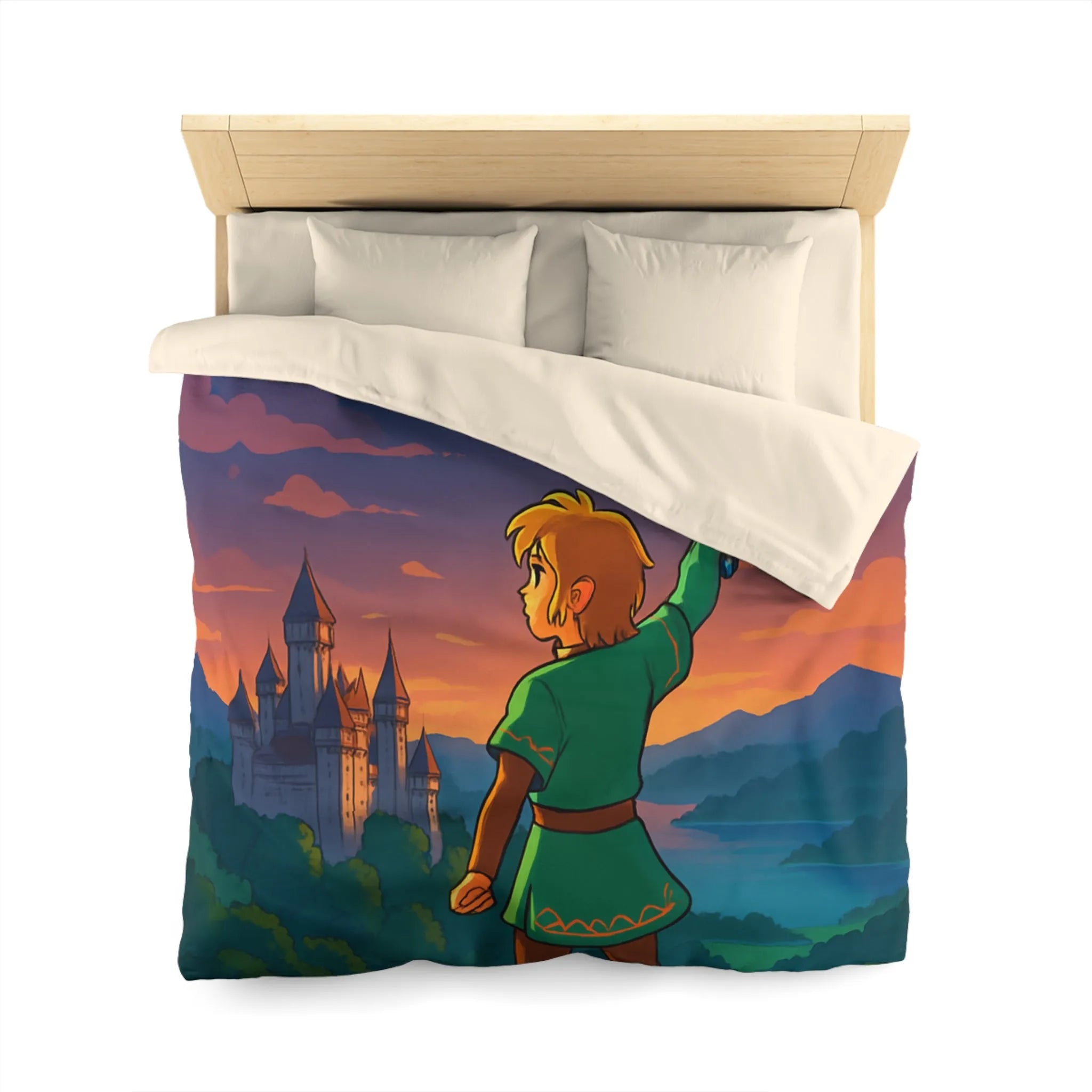 Housse de Couette Fantasy avec Épée, Château et Oiseau au Coucher de Soleil