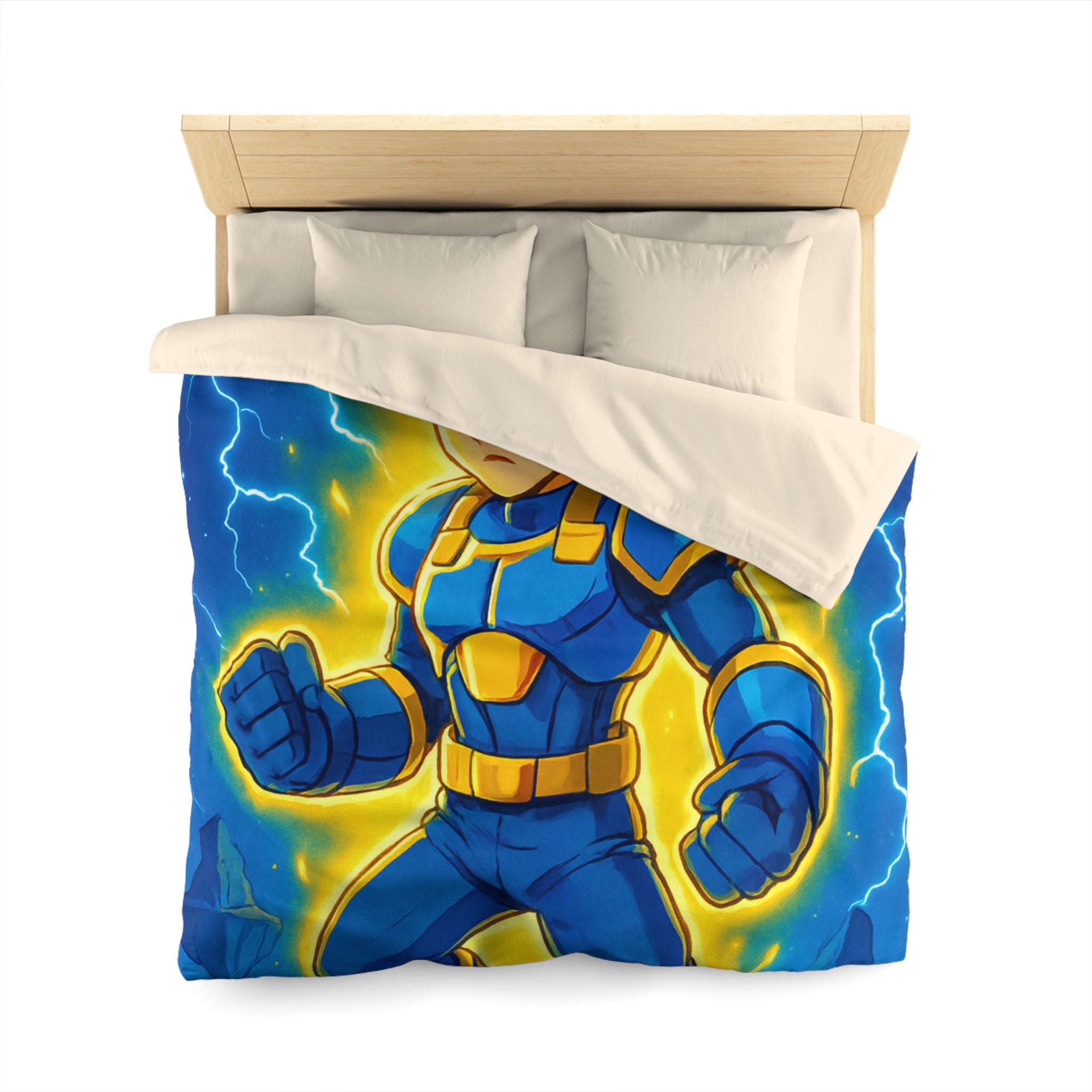 Housse de couette vibrante avec héros en armure bleue et rayons lumineux intenses