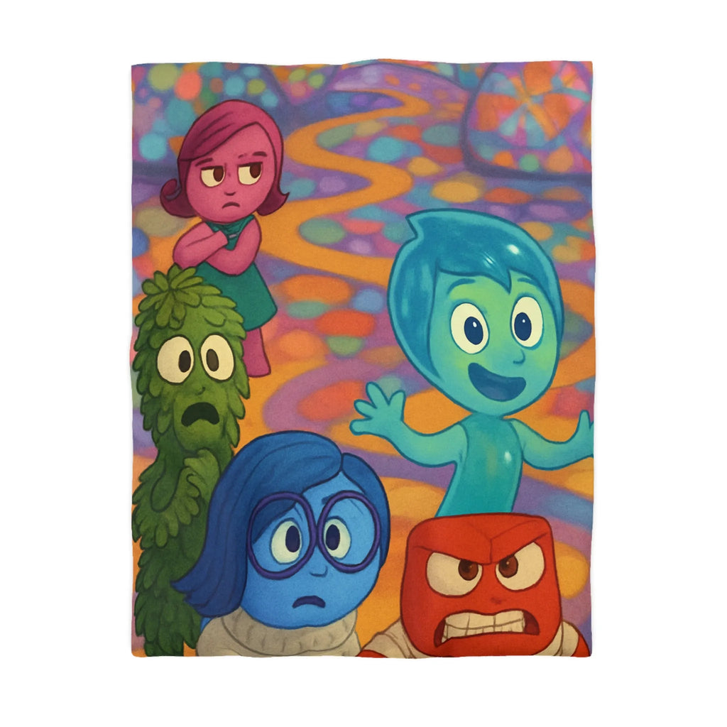 Housse de Couette Colorée avec Personnages Émotionnels dans un Monde Psychédélique de Fantaisie