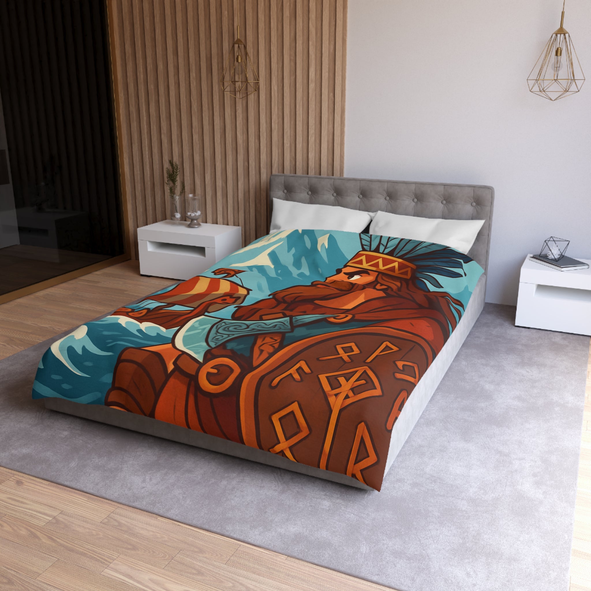 Housse de couette viking avec guerrier, montagne, navire, mer, motifs runiques