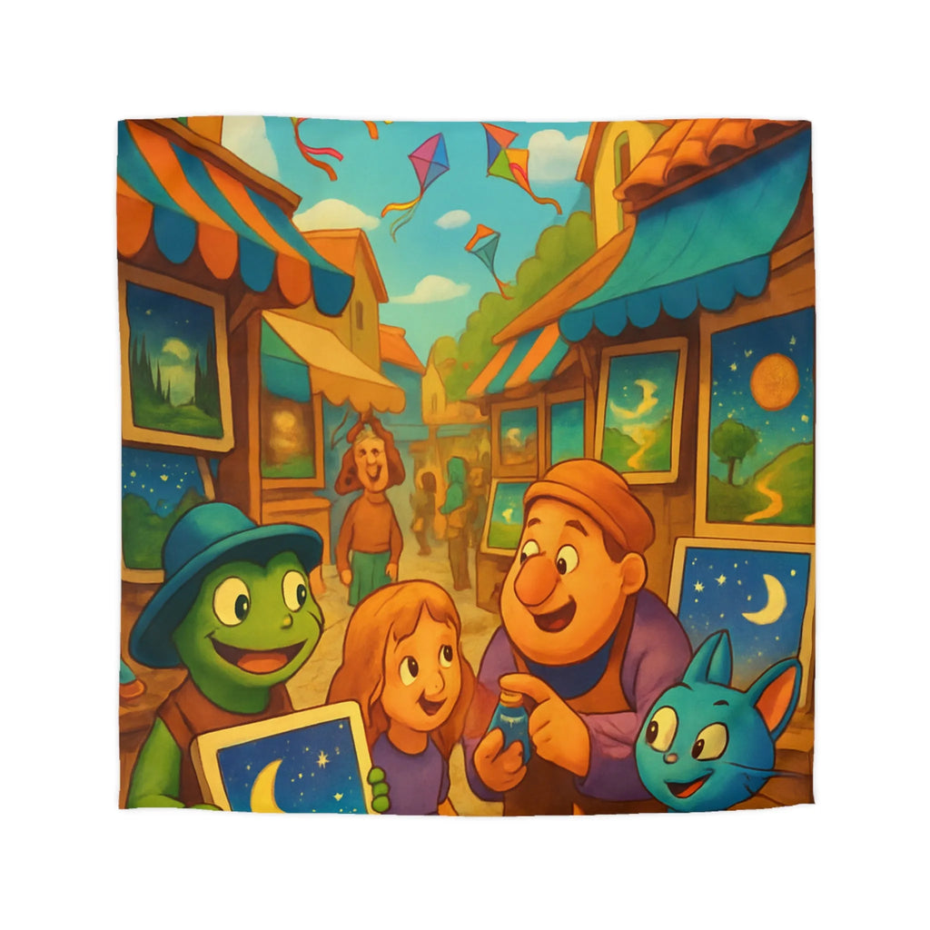 Housse de couette colorée avec scène joyeuse de marché et cerfs-volants artistiques