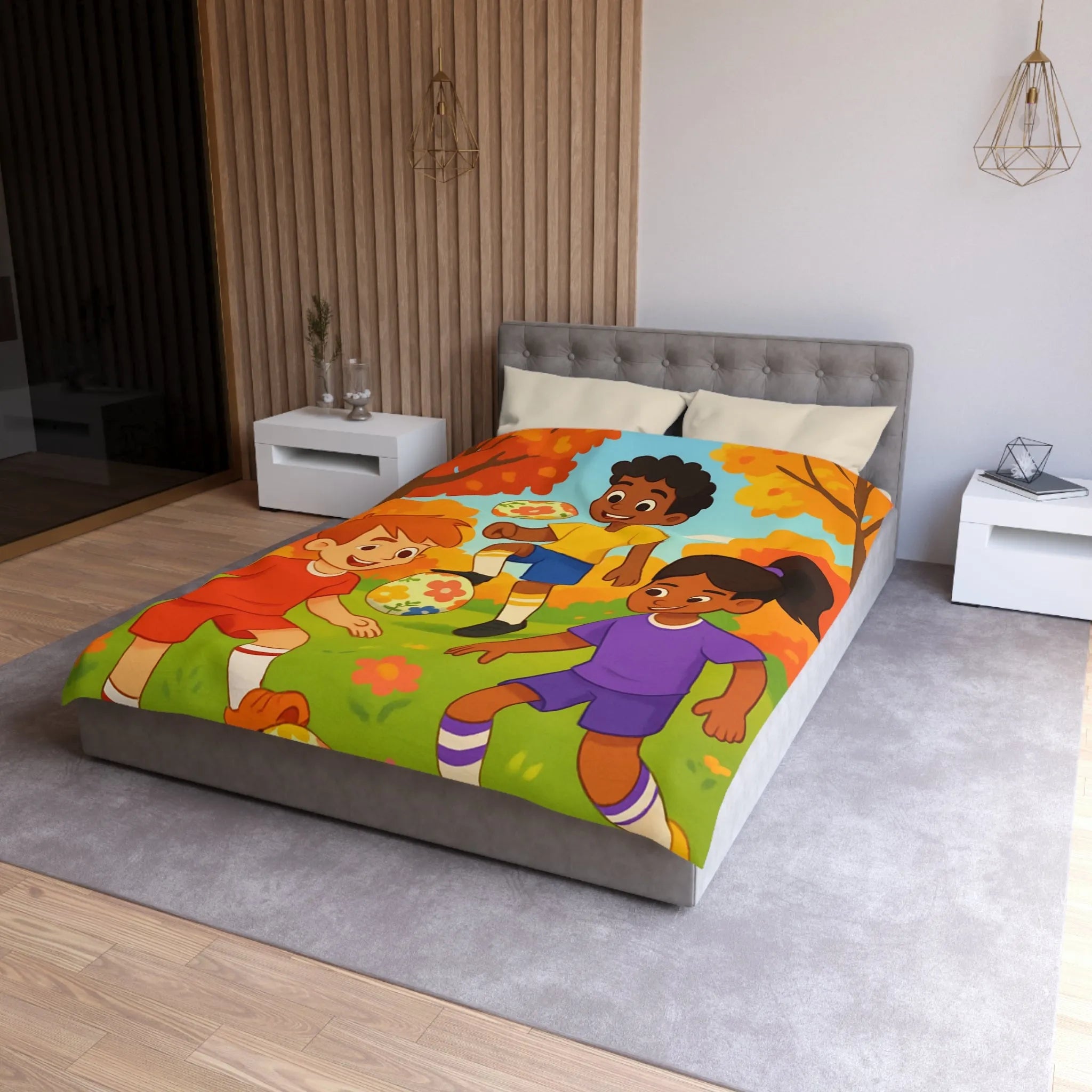 Housse de Couette Enfant Animée, Jeu de Ballon en Automne aux Couleurs Vives