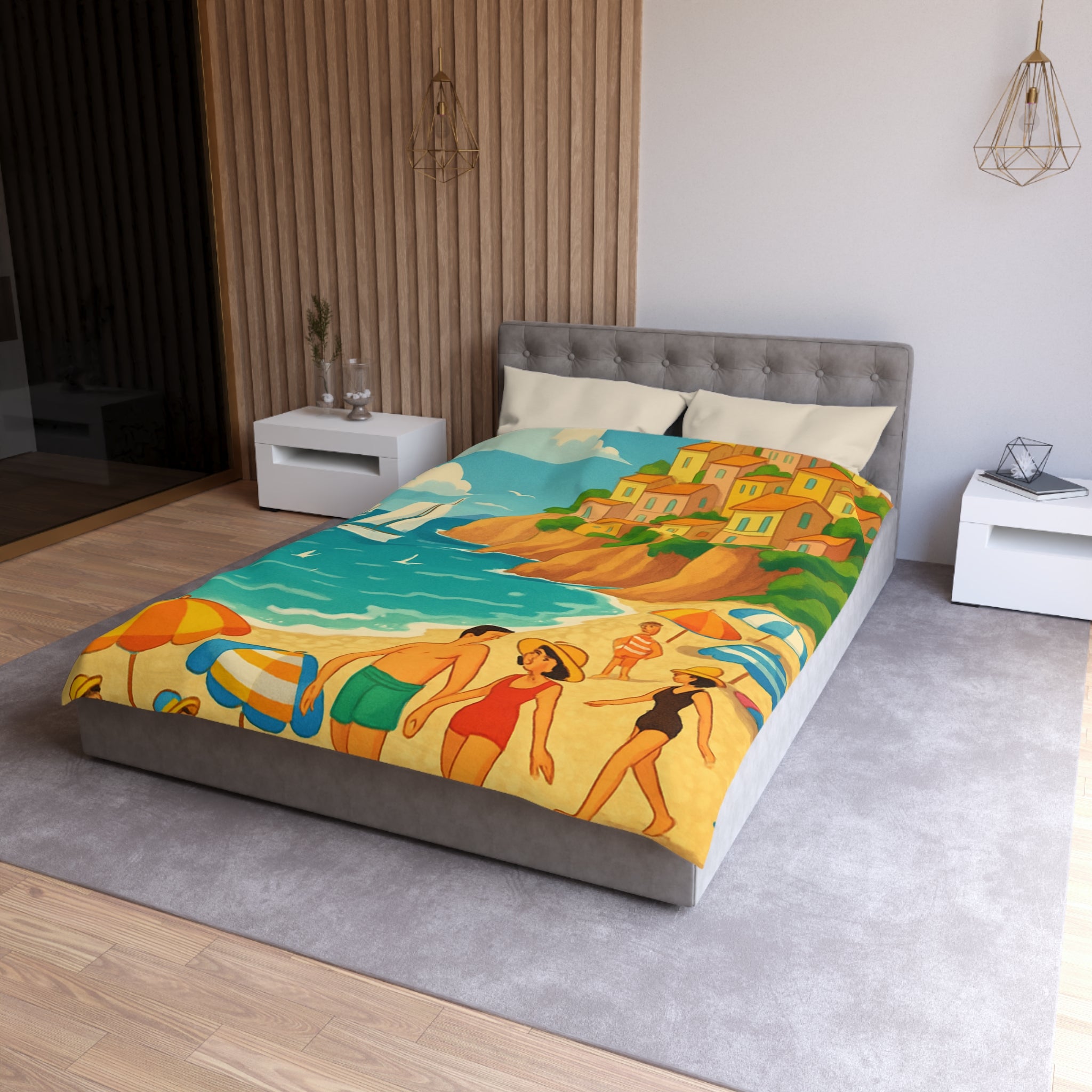 Housse de couette plage méditerranéenne avec paysages colorés et vacanciers ensoleillés