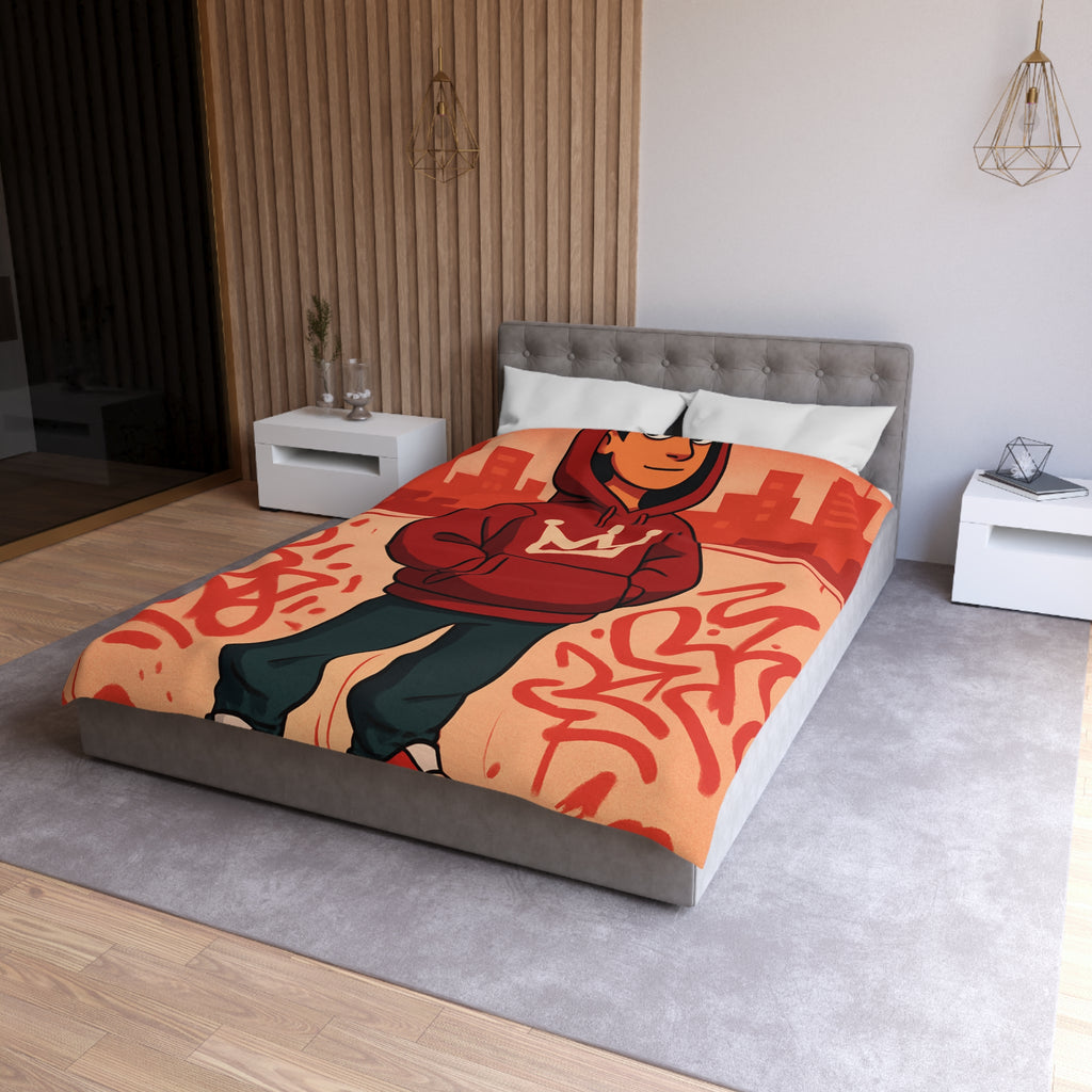 Housse de couette urbaine rouge avec motif couronne et graffiti artistique moderne