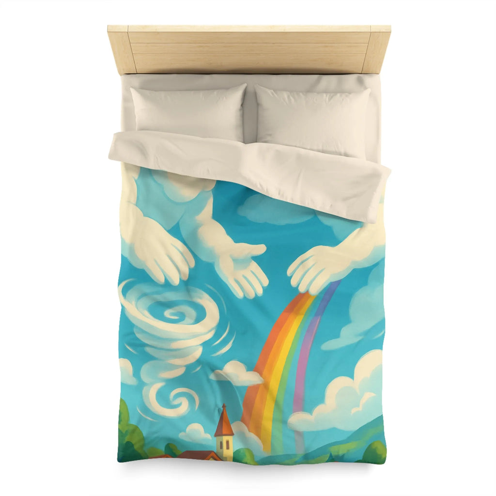 Art ludique de nuages souriants au-dessus d'un village teinté de couleurs vives