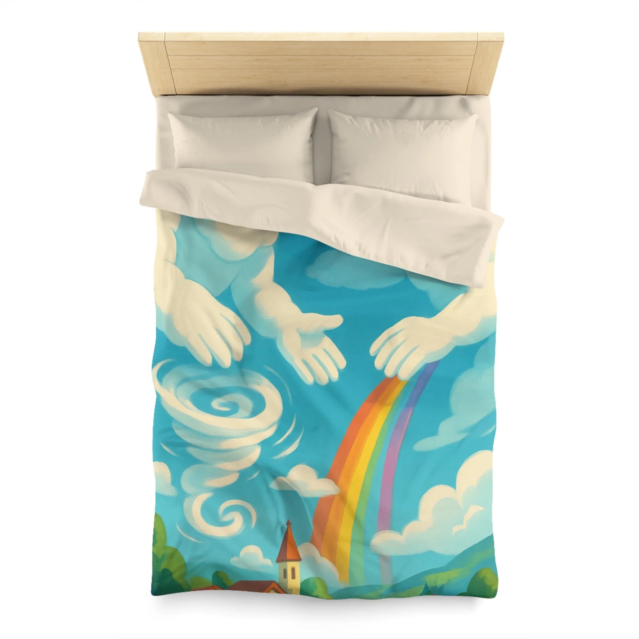 Art ludique de nuages souriants au-dessus d'un village teinté de couleurs vives