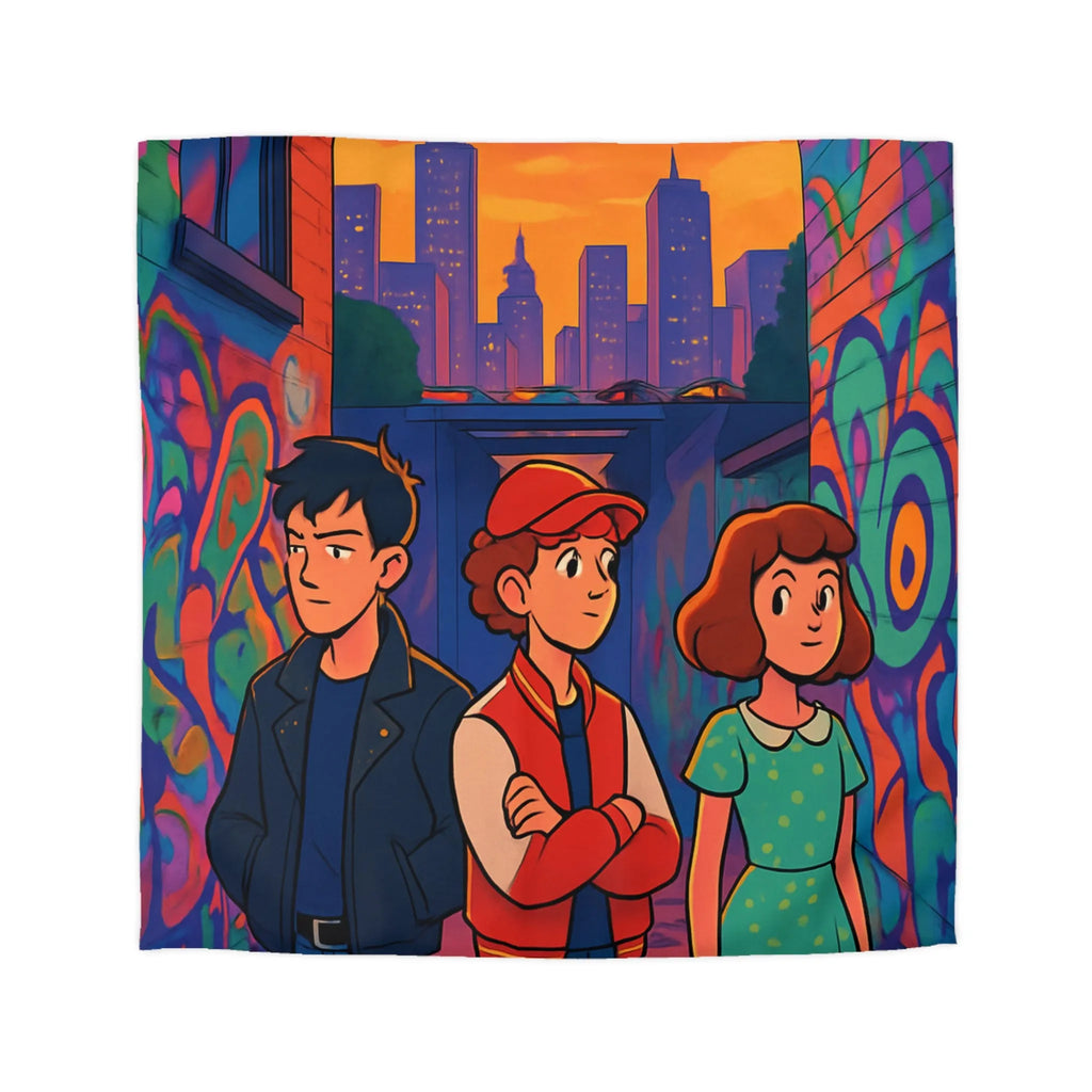 Exploration Urbaine Colorée Révélant Une Scène Enchantée de Graffiti avec Trois Adolescents