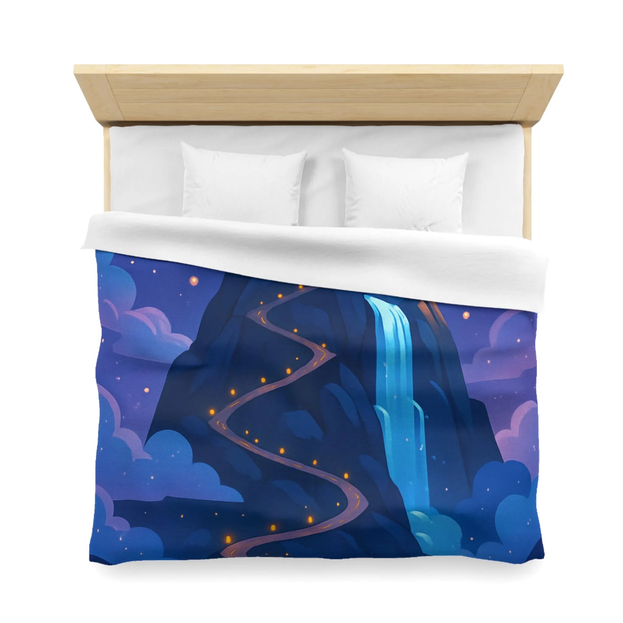 Housse de couette avec château glacé sur montagne illuminée sous ciel étoilé féerique