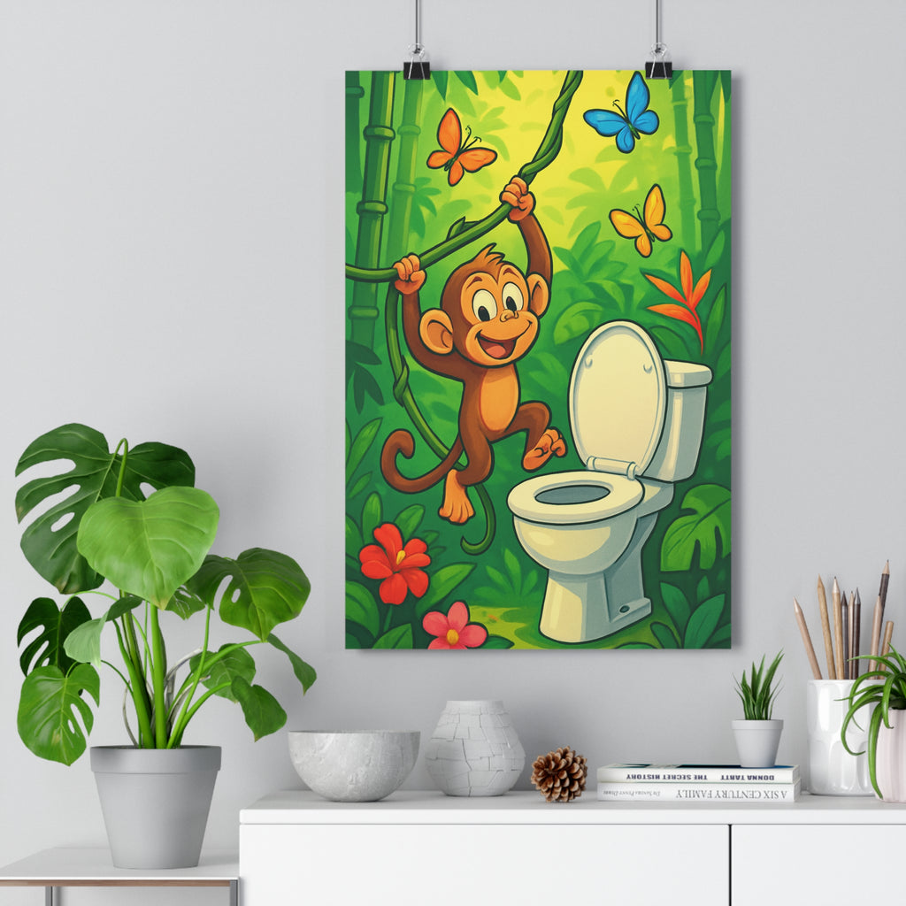 Poster décoratif cartoon exotique vert jaune joyeux singe enfant chambre fantaisie coloré vibrant unique