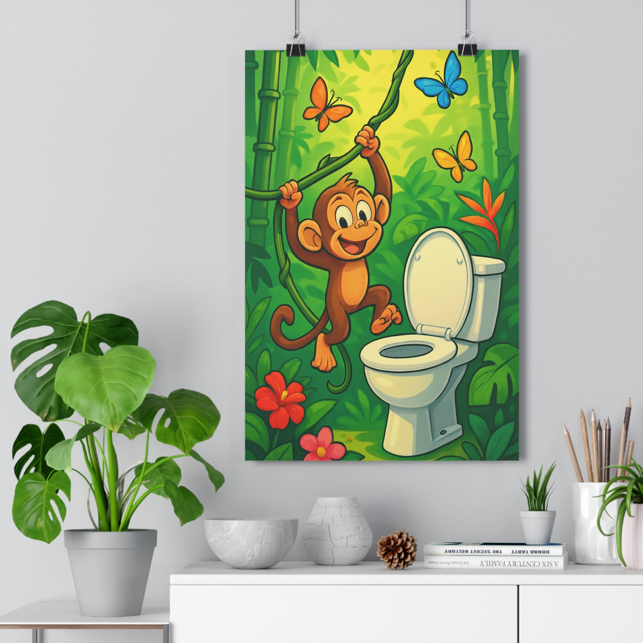 Poster décoratif cartoon exotique vert jaune joyeux singe enfant chambre fantaisie coloré vibrant unique
