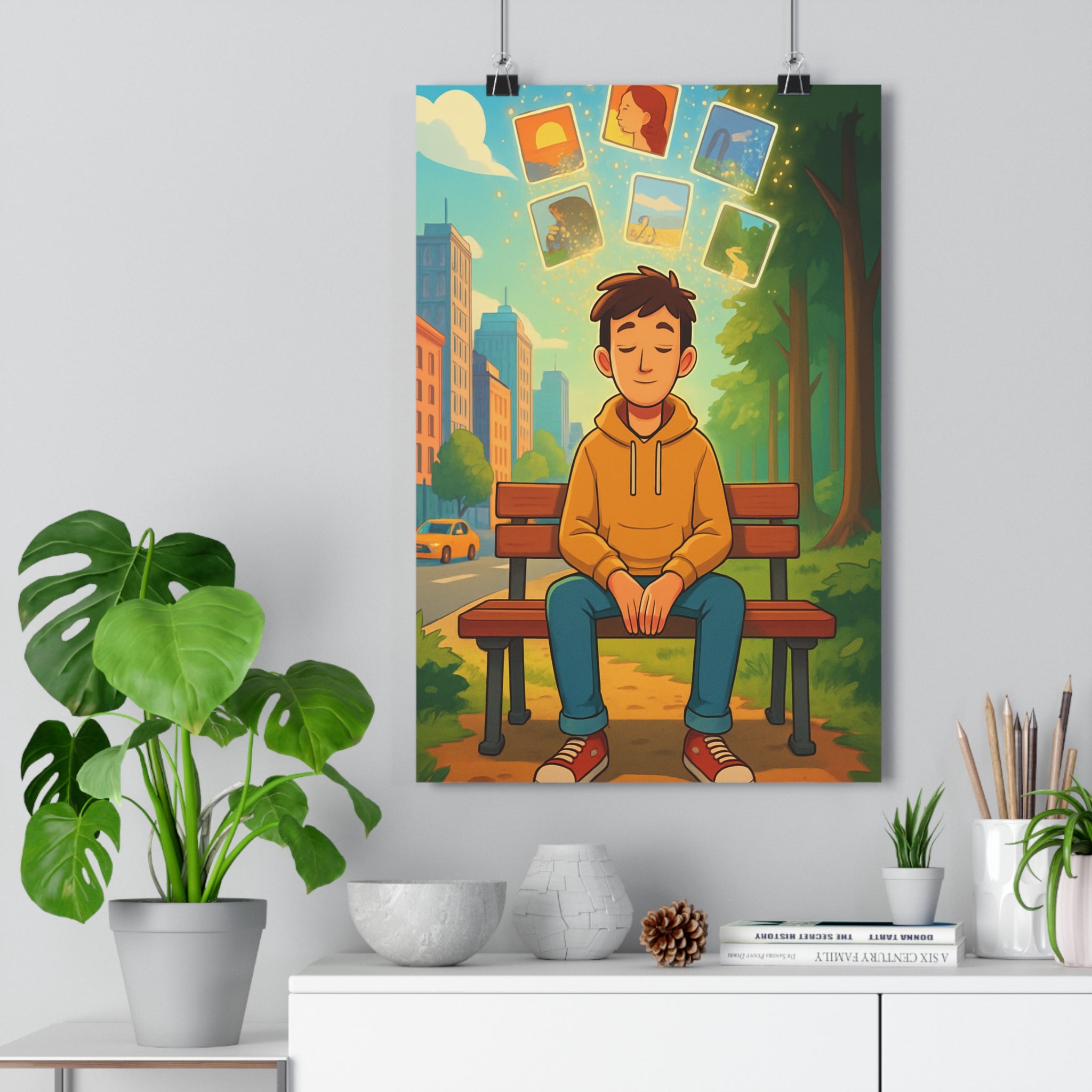 Poster décoratif aquarelle rêveur vert bleu orange cartoon serein chambre salon bureau artistique qualité