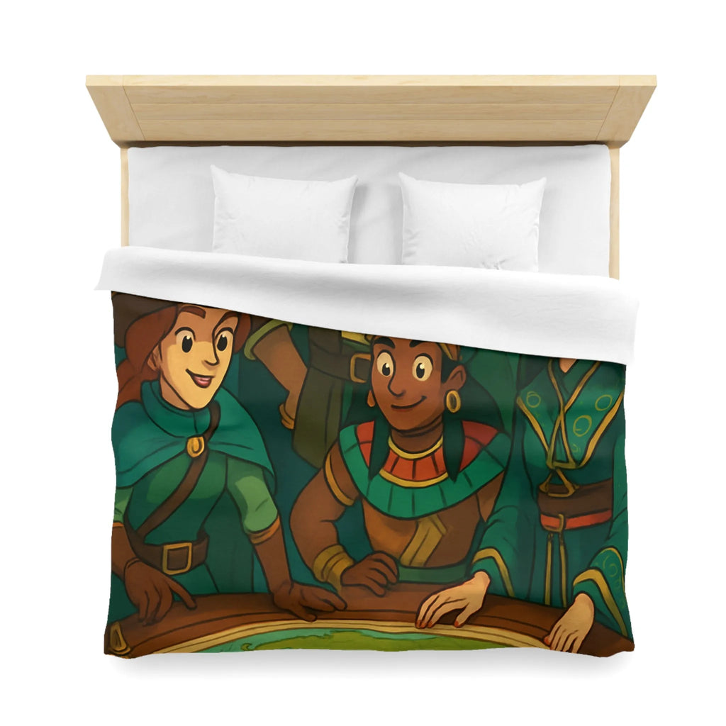 Housse de couette aventuriers explorateurs carte monde globe chapeaux costumes colorés ambiance ludique