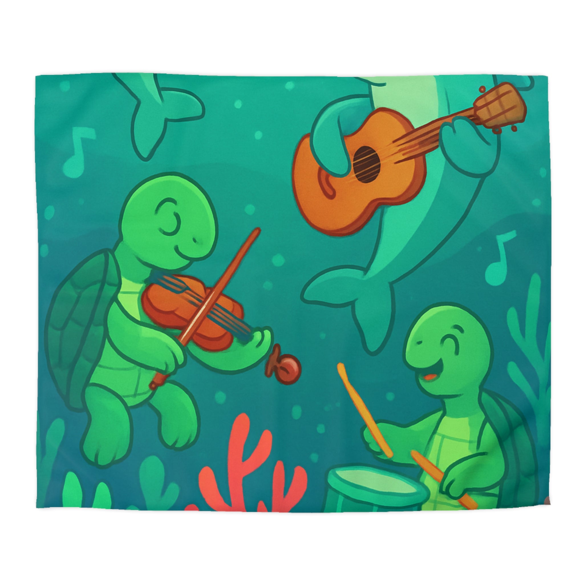 Housse de couette sous-marine avec dauphins et tortues jouant de la musique joyeuse