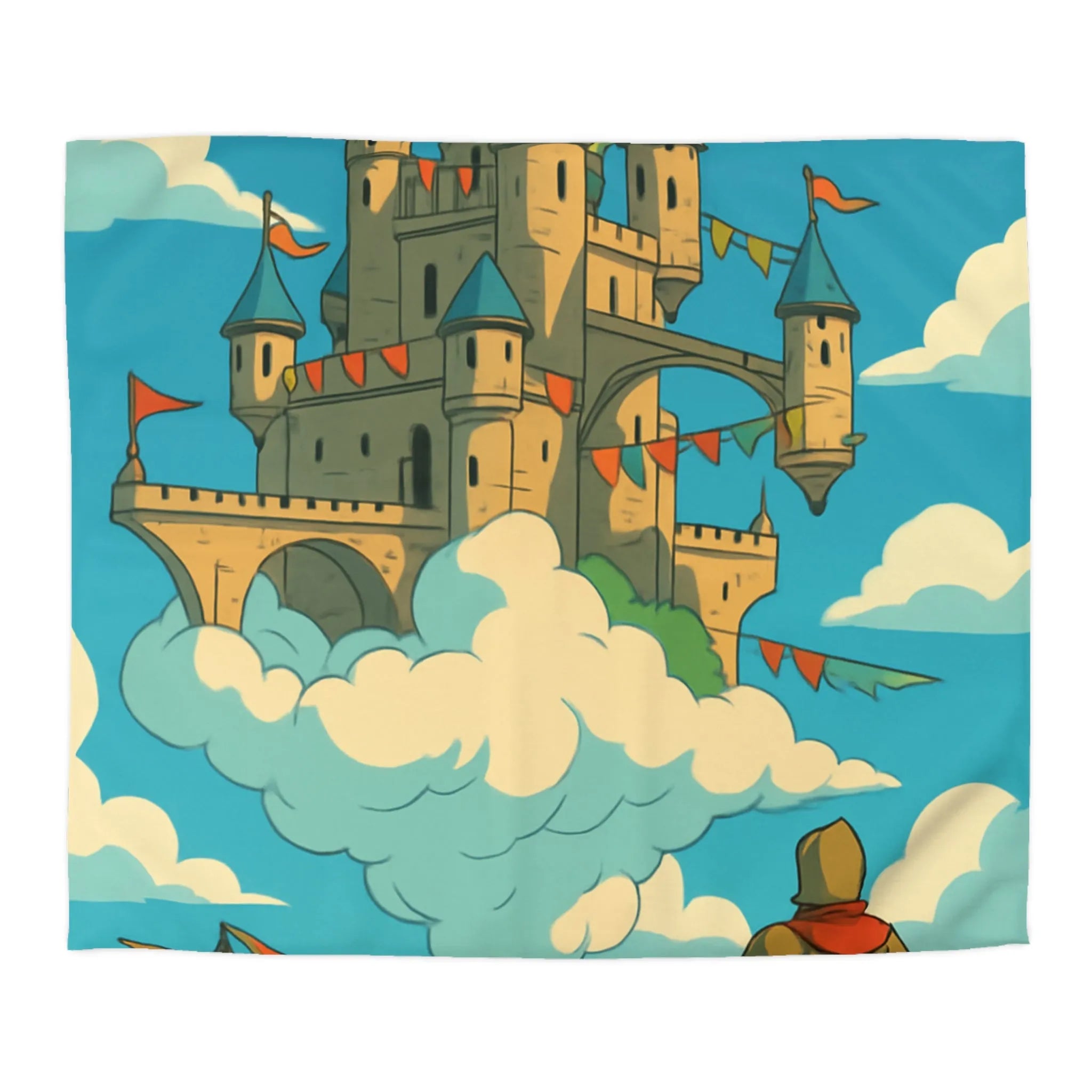 Housse de couette avec château flottant dans le ciel, style fantaisie aventure.