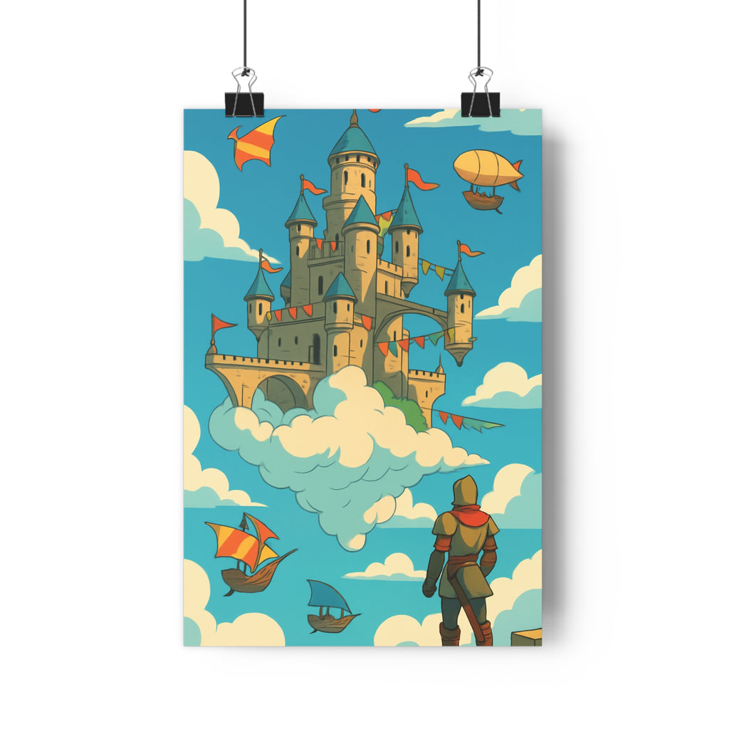 Poster décoratif château cartoon bleu orange aventure fantastique chambre salon enfant magique aérien flottant