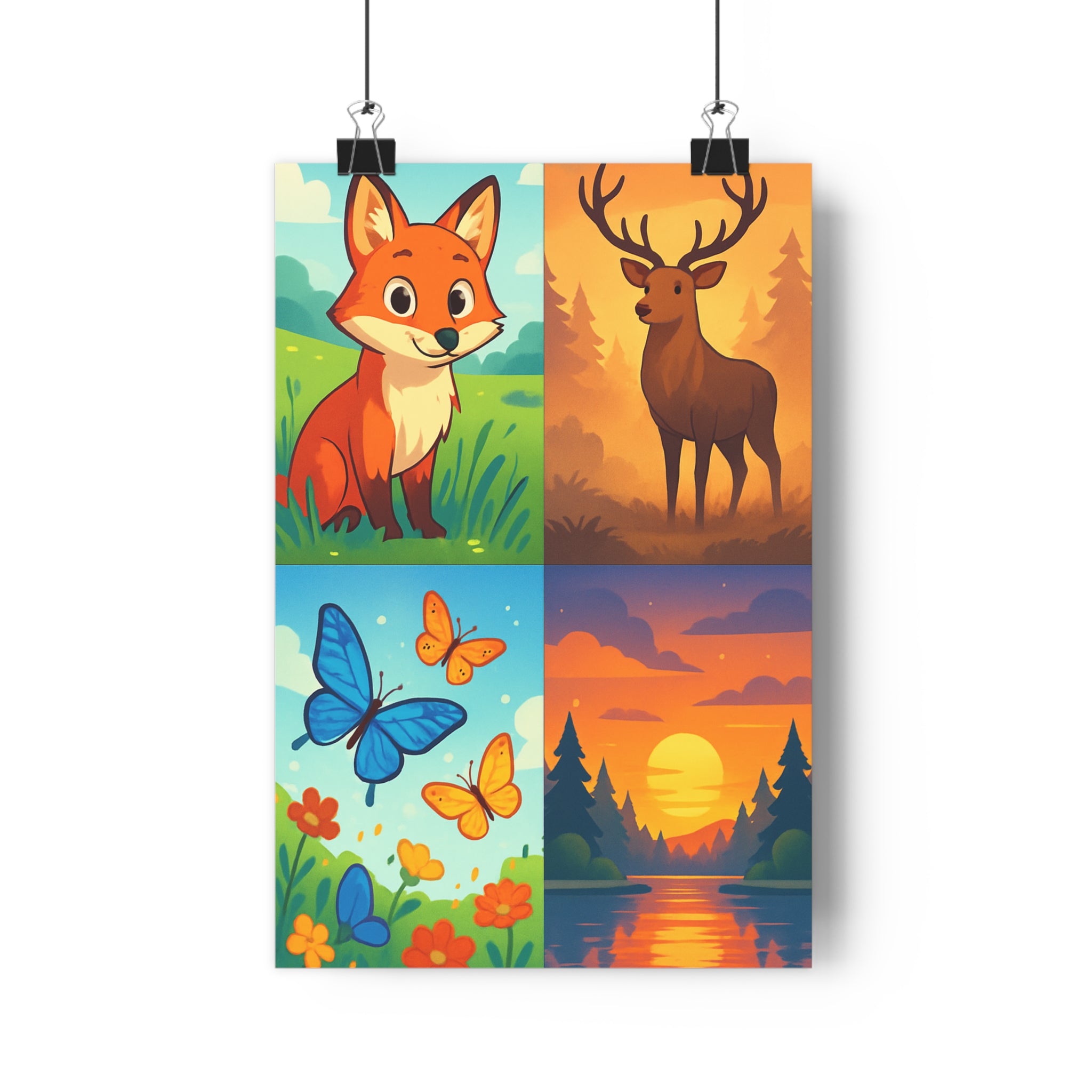 Poster décoratif dessin animé vibrant coloré renard cerf papillon nature joyeux salon chambre enfant