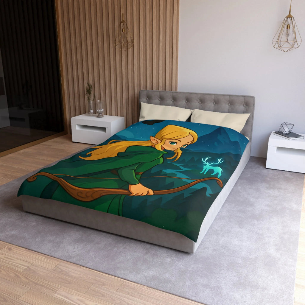 Housse de couette avec elfe archère, cerf lumineux, forêt montagneuse et ciel étoilé
