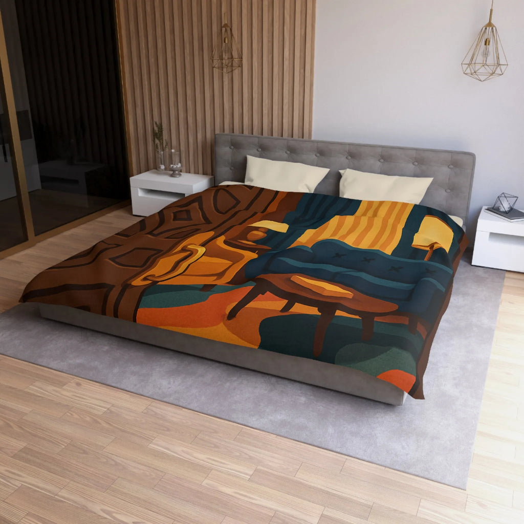 Élégante chambre rétro avec fauteuils modernes et rideaux en velours bleu nuit