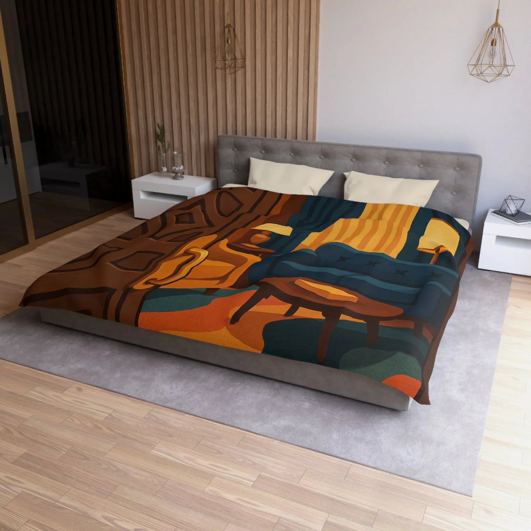 Élégante chambre rétro avec fauteuils modernes et rideaux en velours bleu nuit