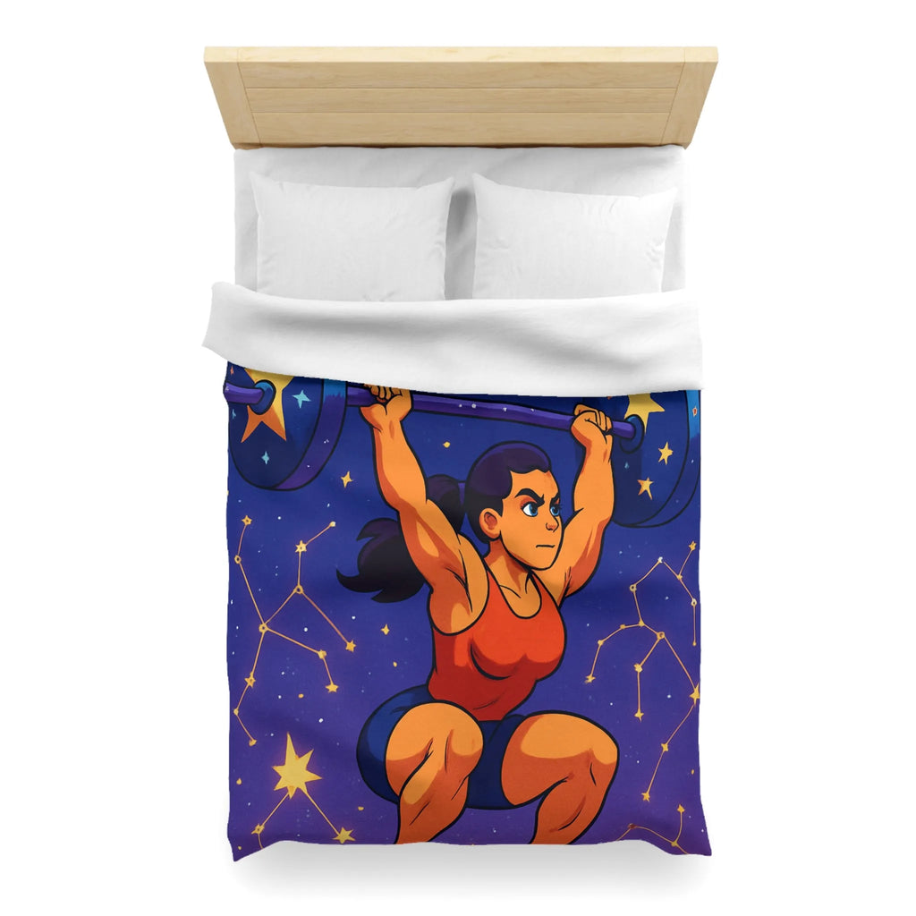 Housse de Couette Athlétique Femme Soulevant Poids Sous Ciel Étoilé et Constellations