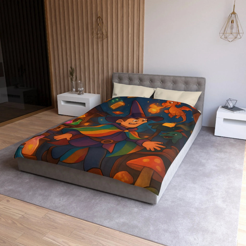 Housse de couette magique avec envoûtant motif de sorcier, dragon et livres enchantés