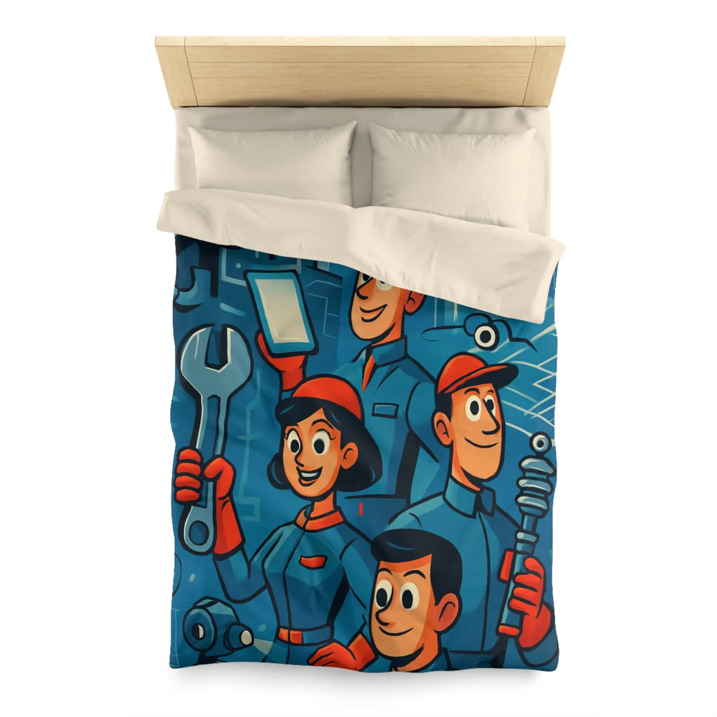 Housse de Couette Industrielle avec Équipe de Travail Souriante dans Tonalités Bleues et Rouges