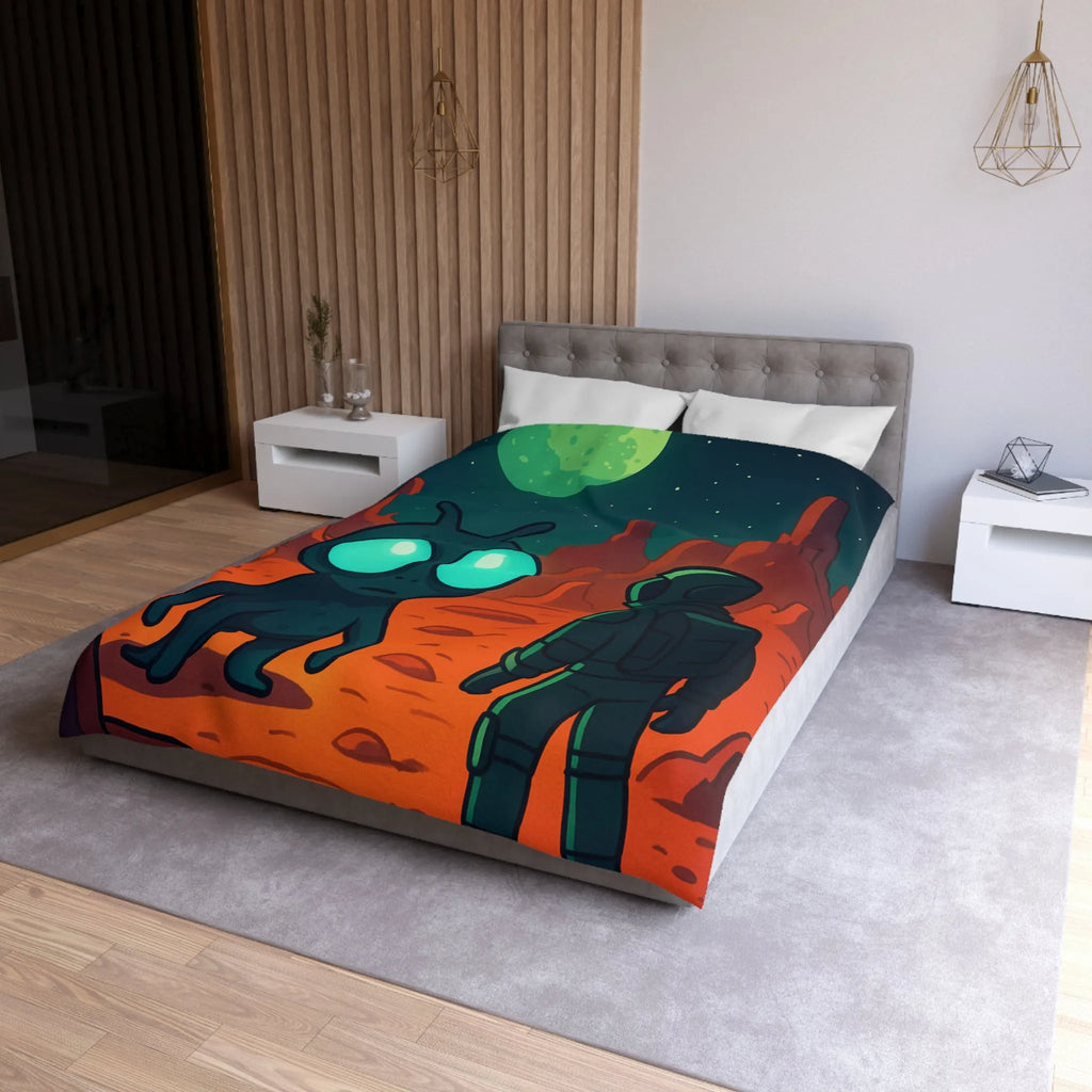 Housse de couette extraterrestre et astronaute sur fond de paysage lunaire mythique