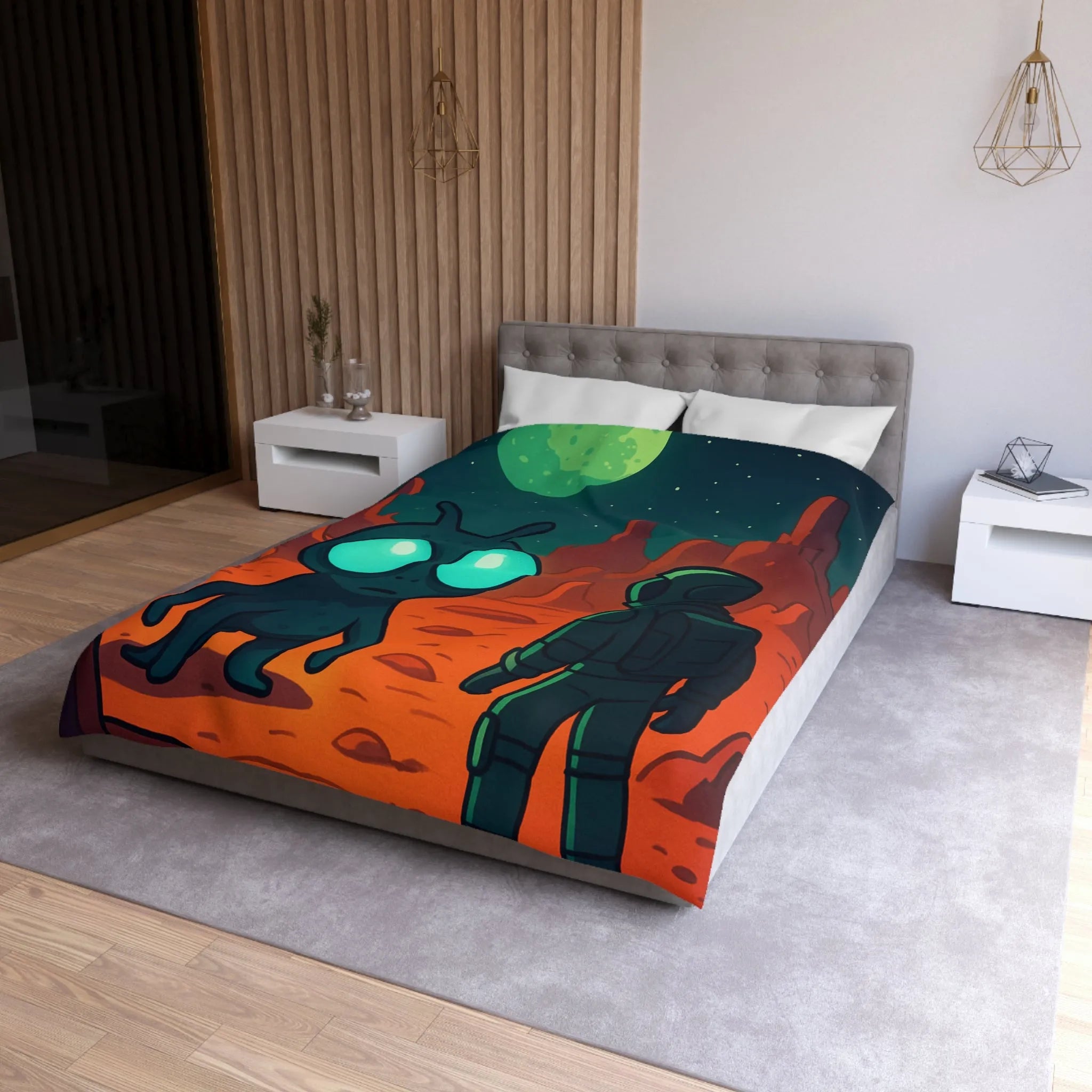 Housse de couette extraterrestre et astronaute sur fond de paysage lunaire mythique