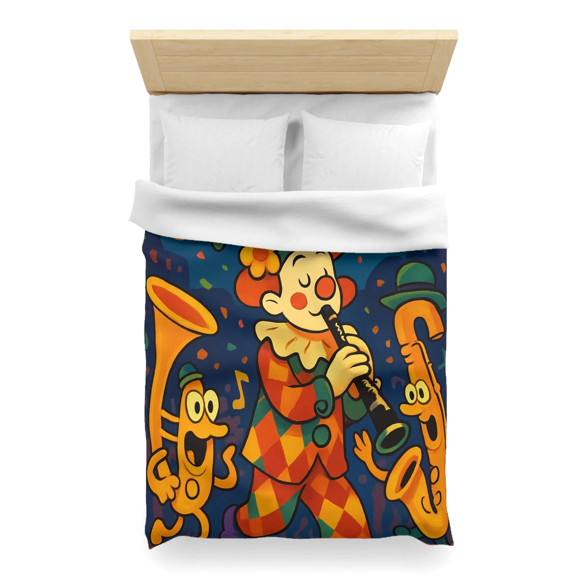 Housse de Couette Fantaisiste avec Clown et Instruments dans Parade Colorée et Lumineuse