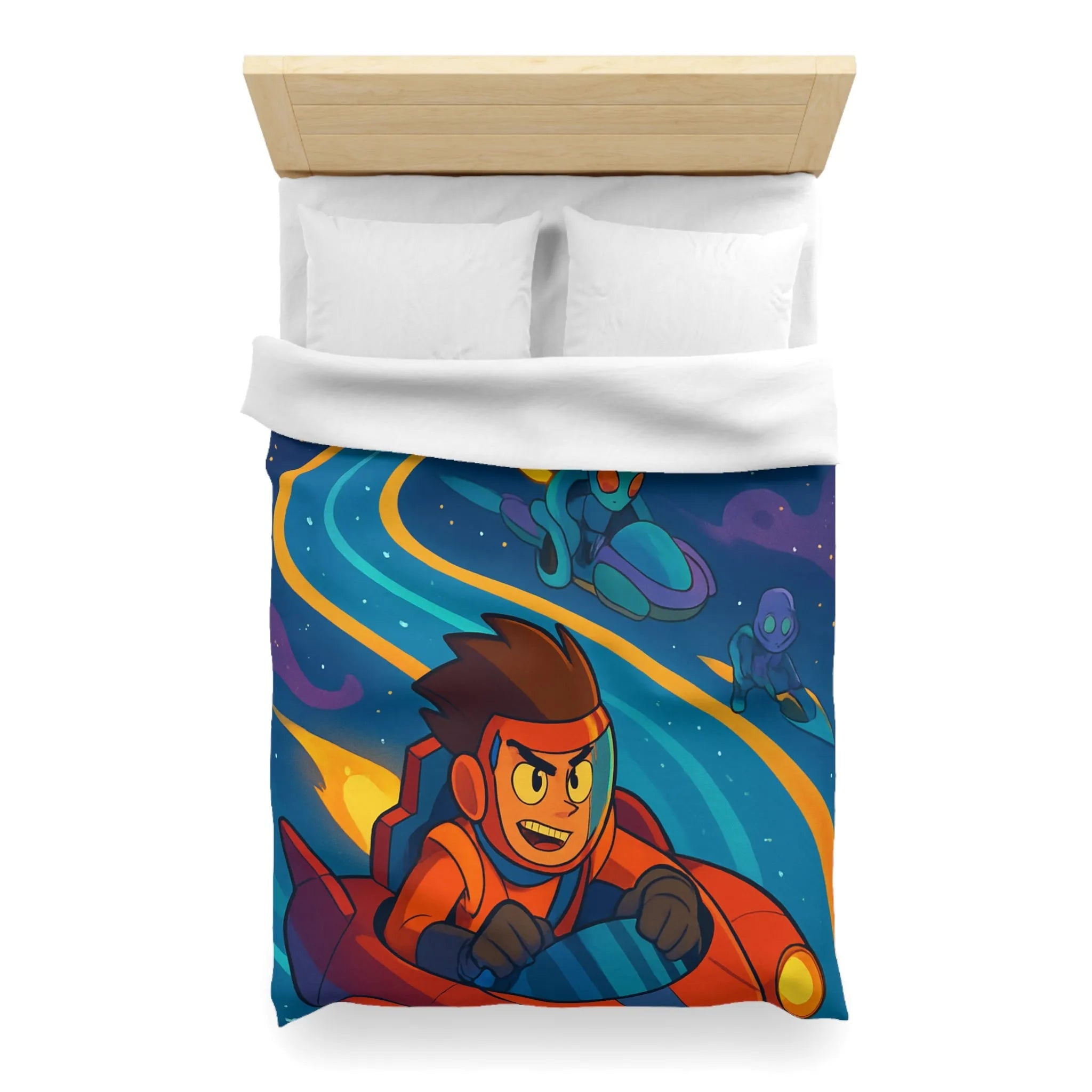 Housse de Couette Illustrée Espace avec Personnage et Vaisseaux pour Enfants Couleurs Vives