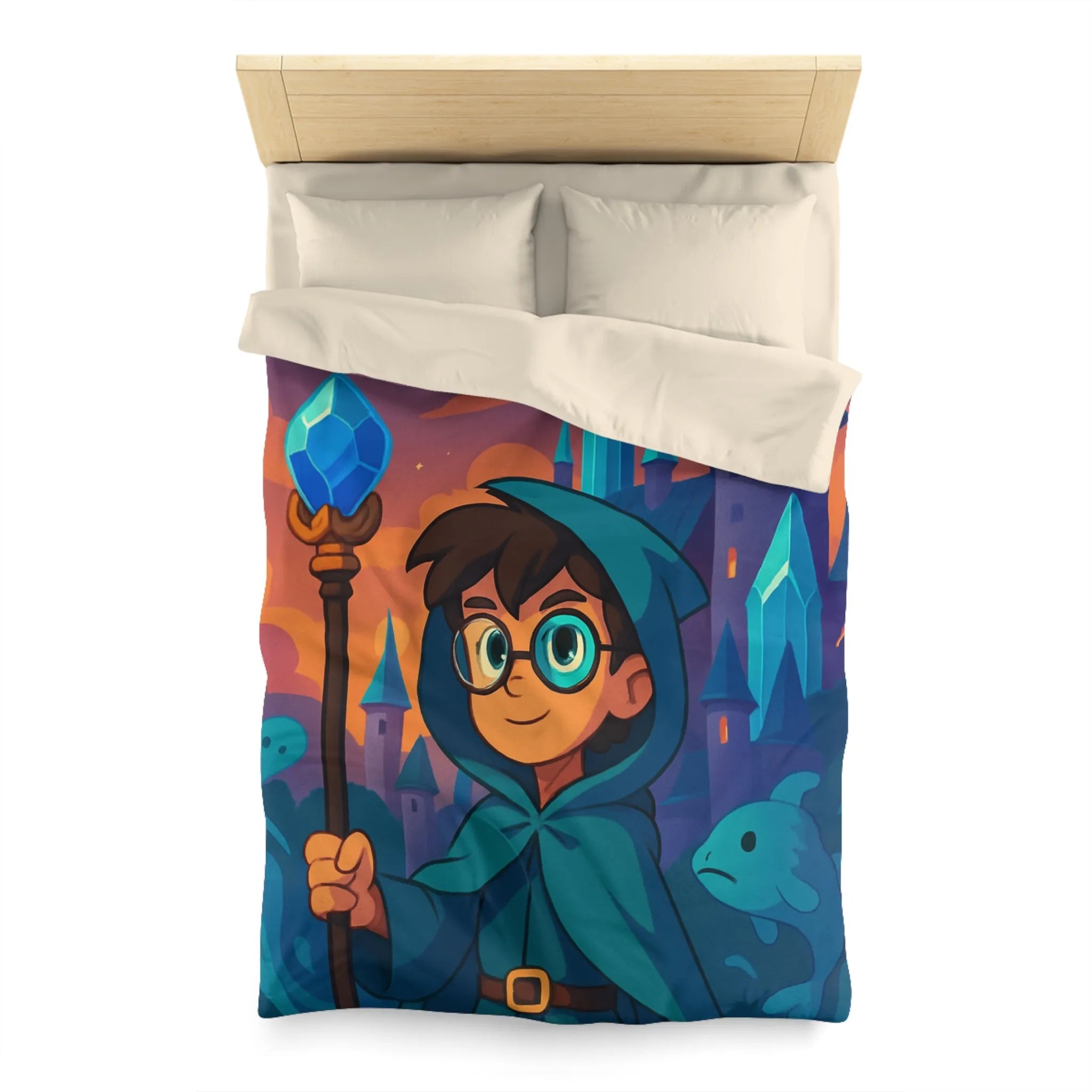 Housse de couette magie bleue fantasy avec château, sorcier et météore étincelant